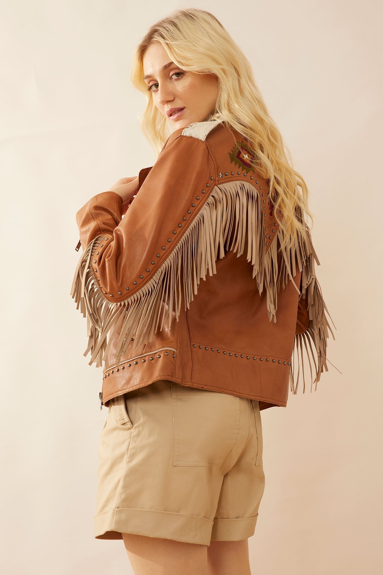 Blouson en cuir frangé Phoenix couleur camel