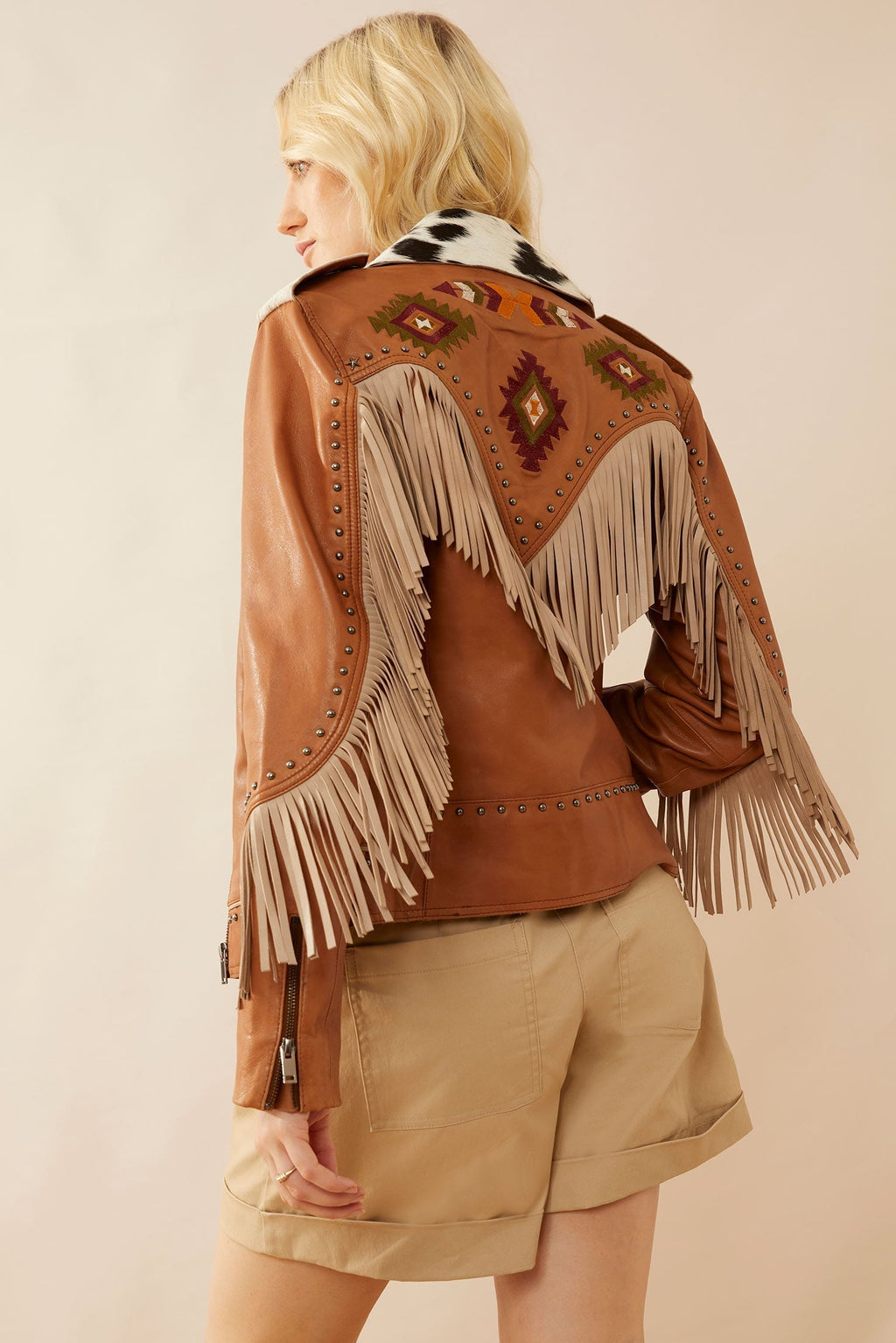 Blouson en cuir frangé Phoenix couleur camel