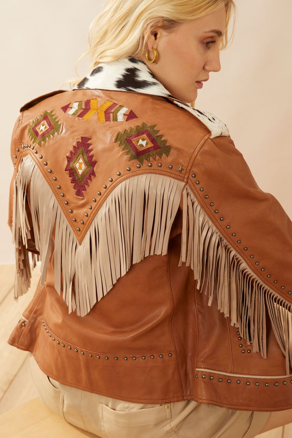 Blouson en cuir frangé Phoenix couleur camel