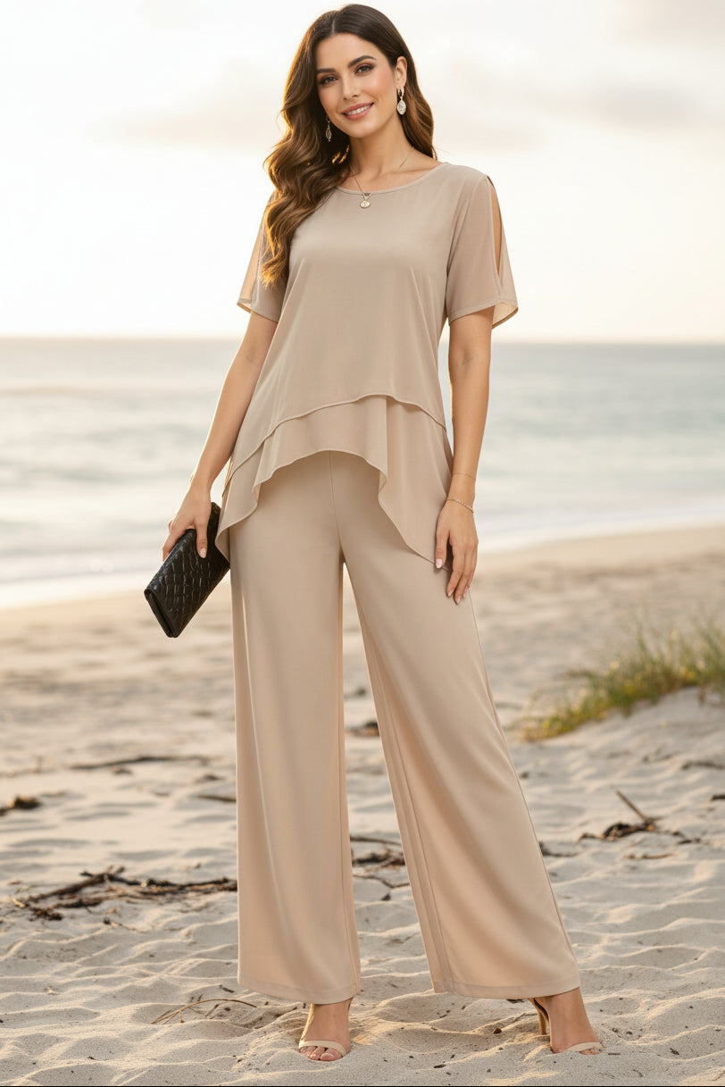 Ensemble deux pièces haut à ourlet irrégulier et pantalon large pour femme