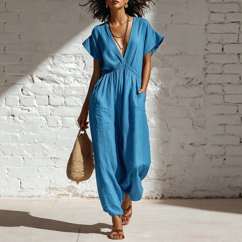Pantalon femme taille haute à jambes larges, avec haut à décolleté plongeant et manches trois-quarts
