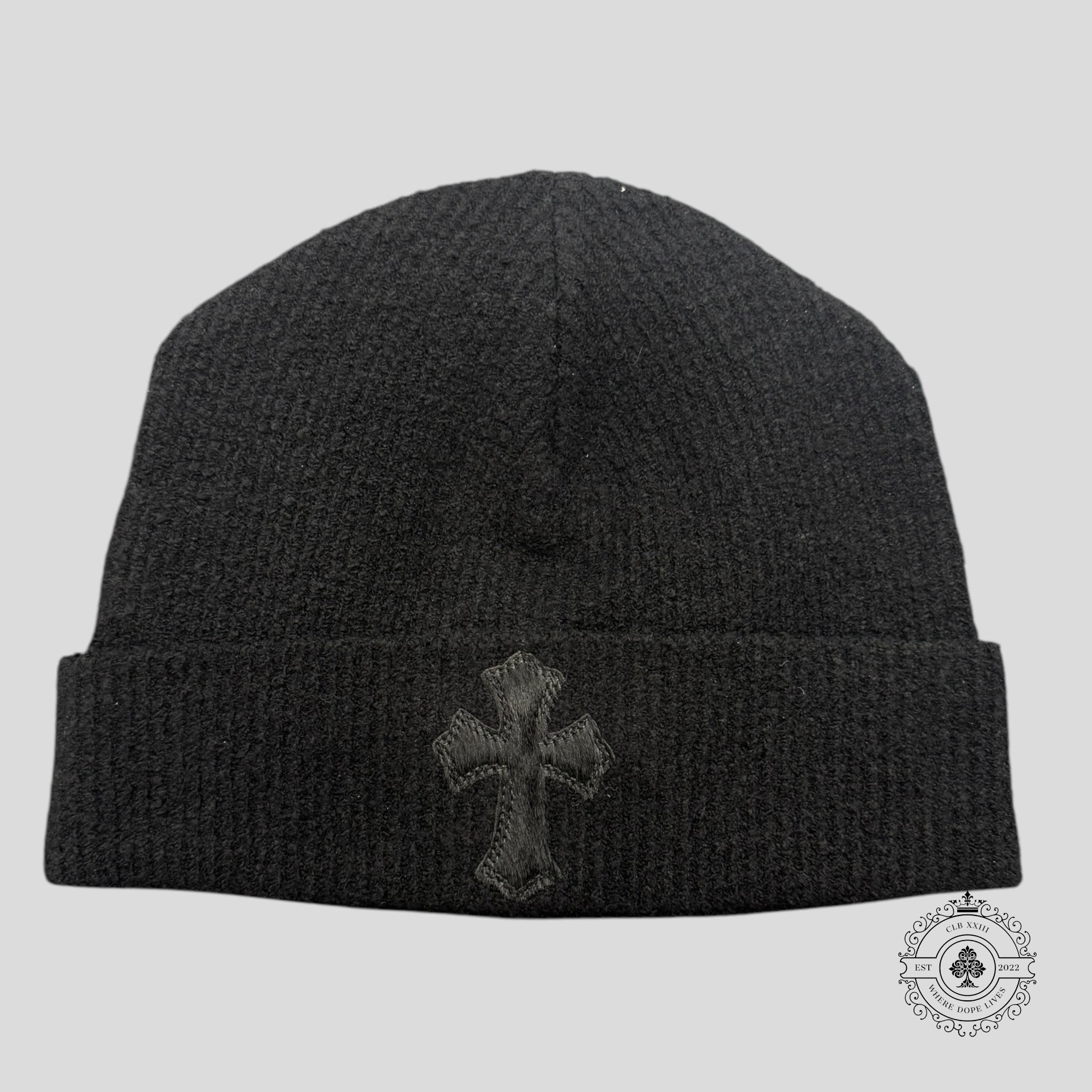 Bonnet Chrome Hearts en poils de poney et croix en cuir, noir