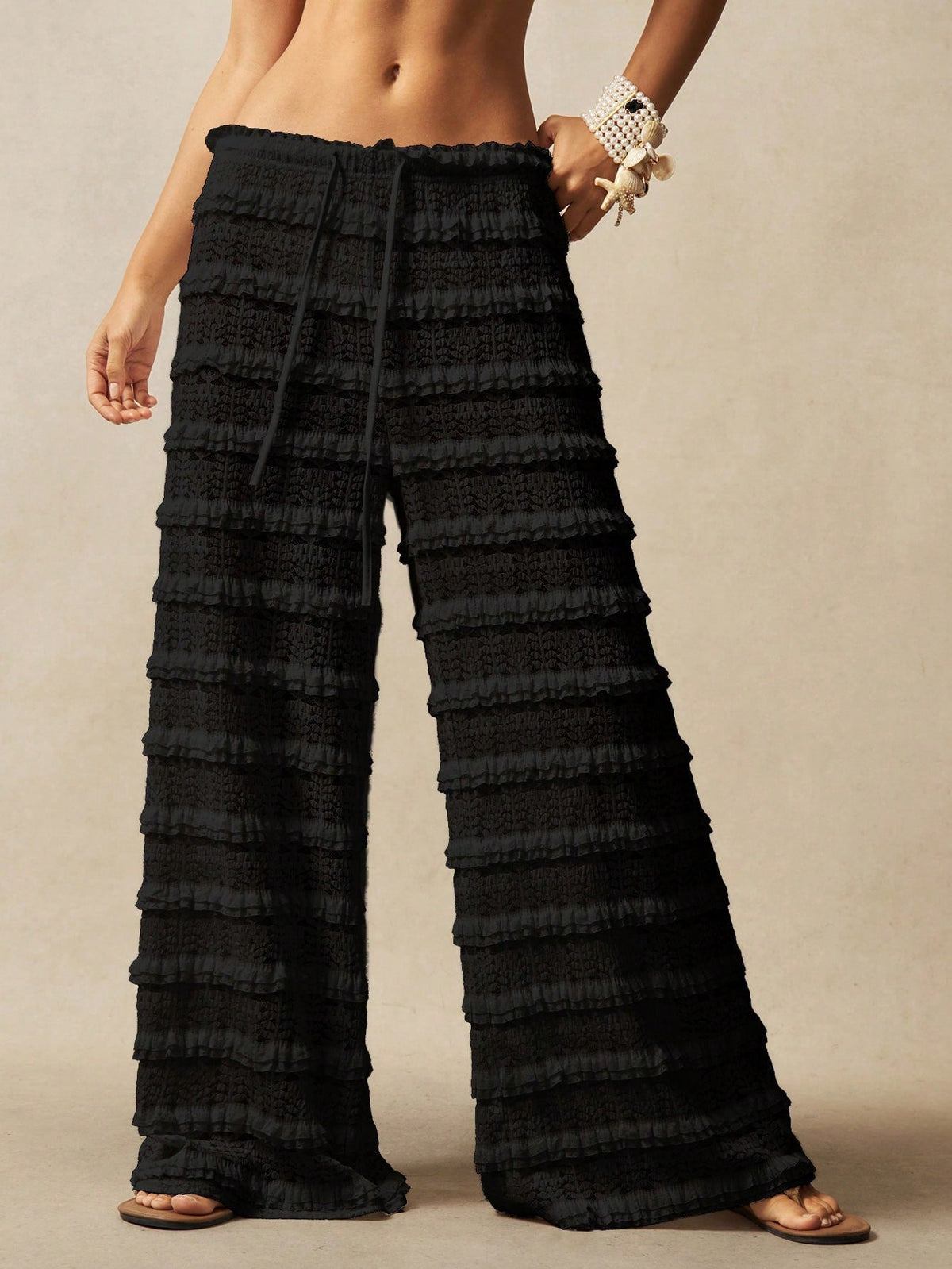 Women's Lace Jacquard Wide-Leg Pants – Hollow-Out Ruffle Patchwork Tie-Up Boho Trousers