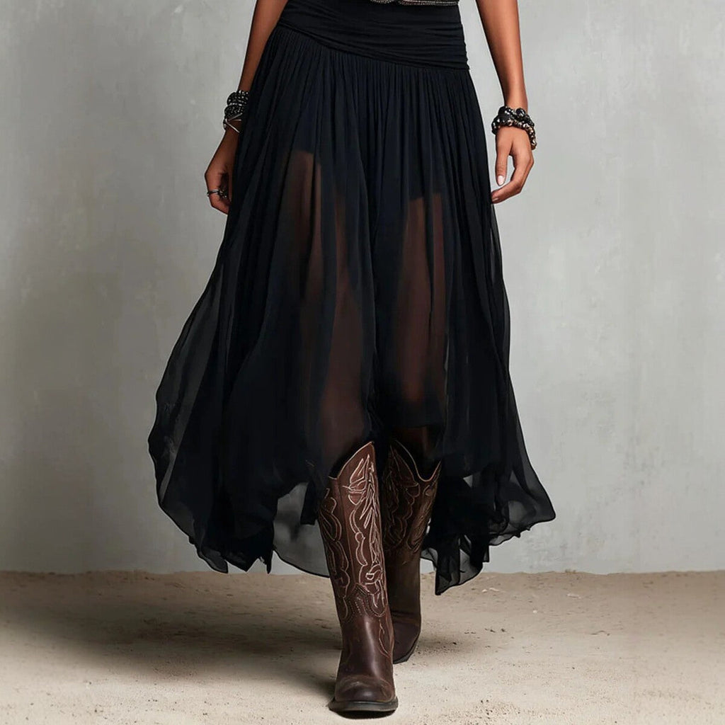 Robe longue maxi plissée en maille noire avec ceinture et col en V