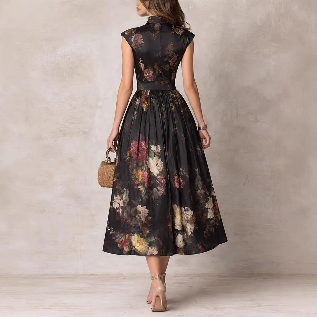 Robe longue noire à imprimé floral numérique, taille haute – Robe longue sans manches à ourlet irrégulier