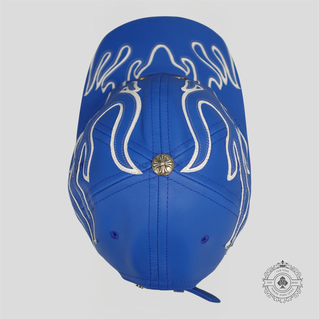 Casquette 6 panneaux Chrome Hearts en cuir, motif Flamme, couleur bleu
