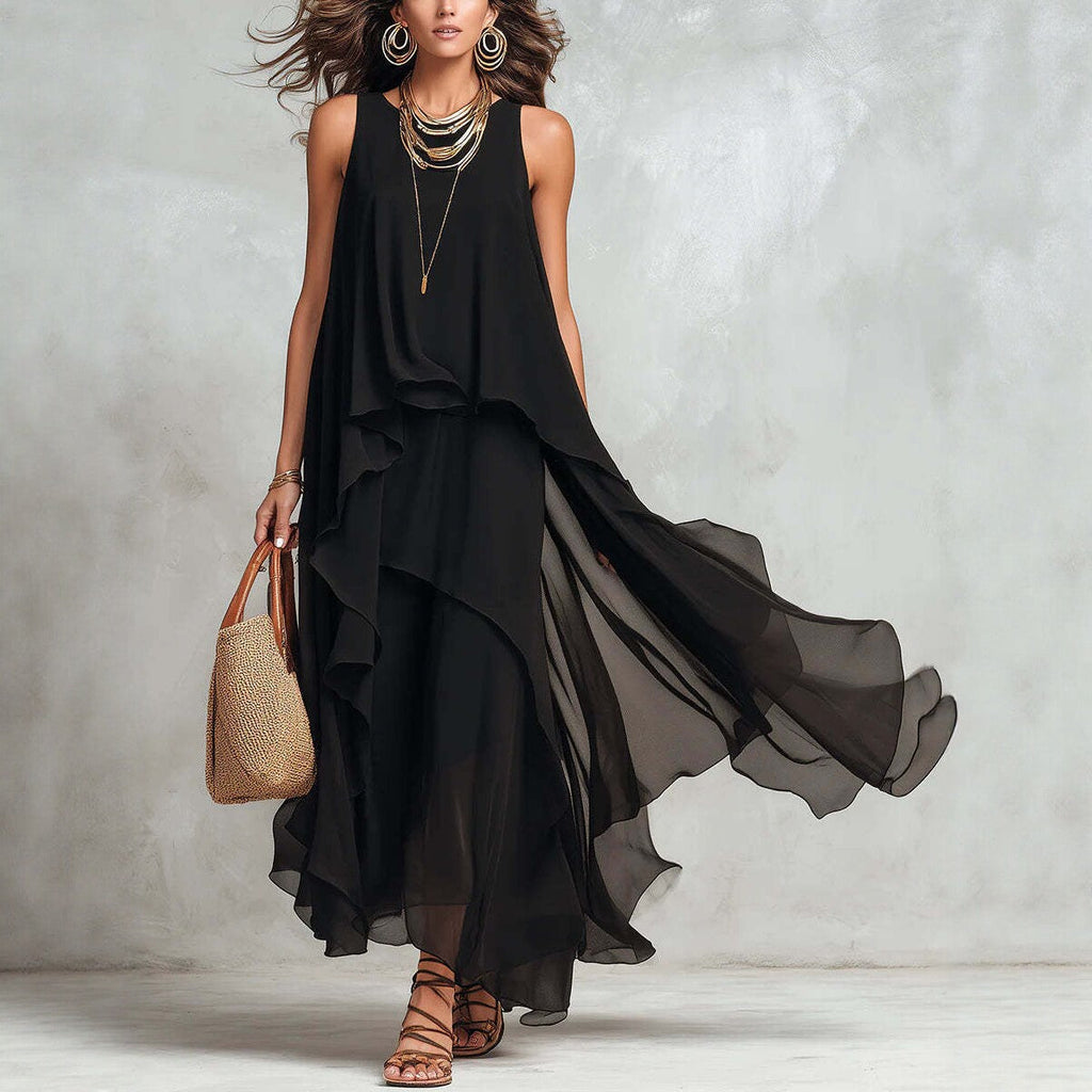 Robe longue asymétrique en mousseline noire – Robe longue fluide sans manches style bohème coupe trapèze pour femme