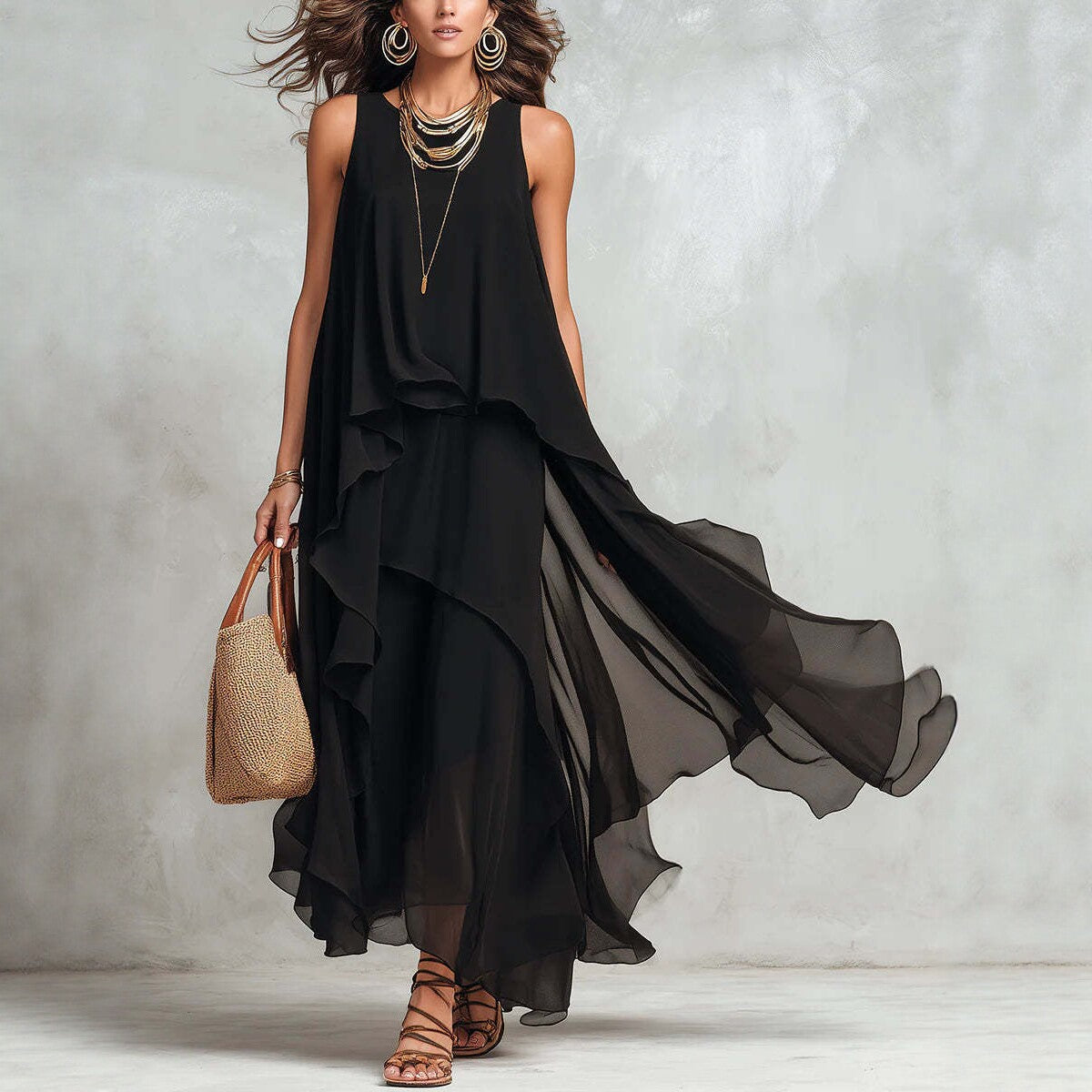 Robe longue asymétrique en mousseline noire – Robe longue fluide sans manches style bohème coupe trapèze pour femme