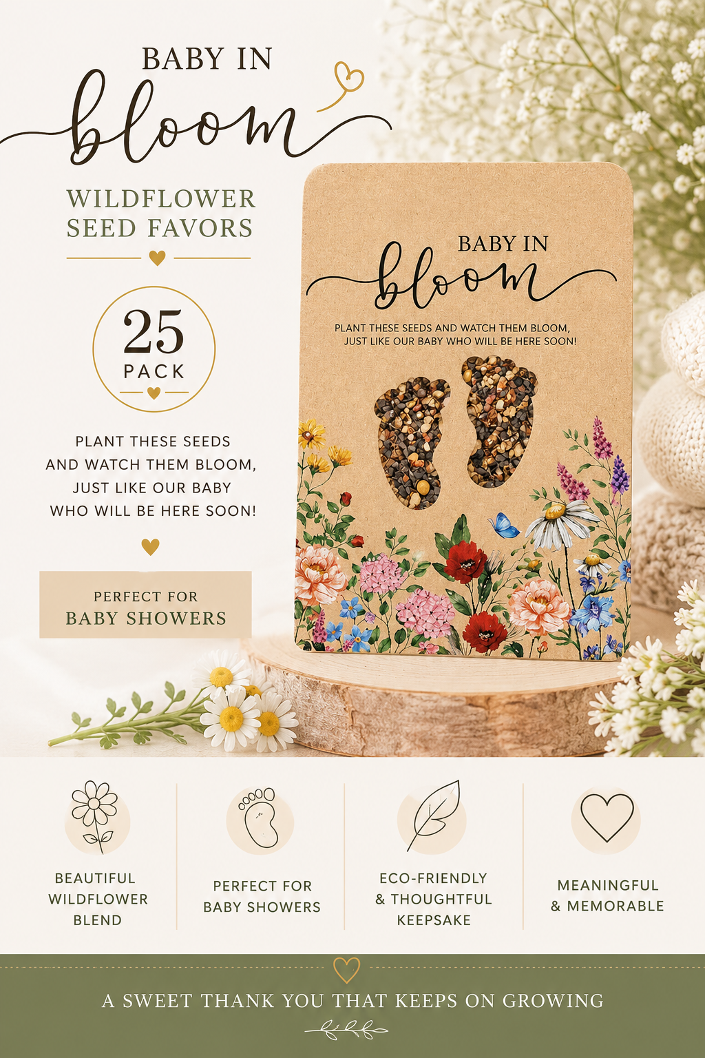 25 sachets de graines "Bébé en fleurs", cadeaux de naissance à planter (fleurs sauvages)