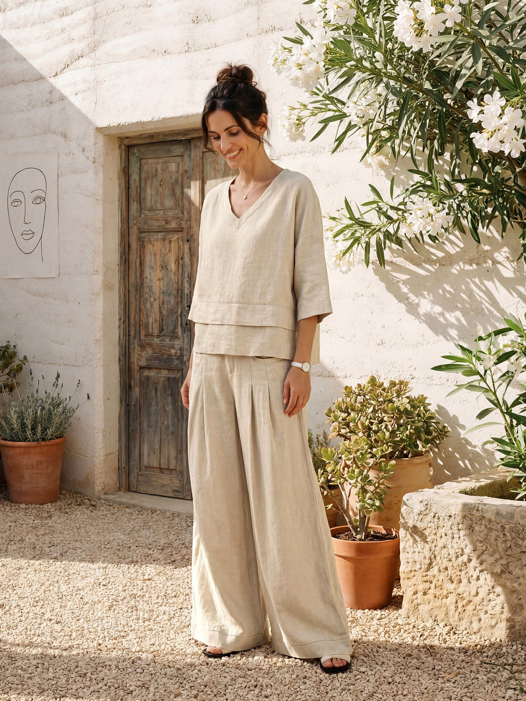 Pantalon VERIDIANA en 100 % lin, plissé sculpté et dos élastiqué, coupe décontractée