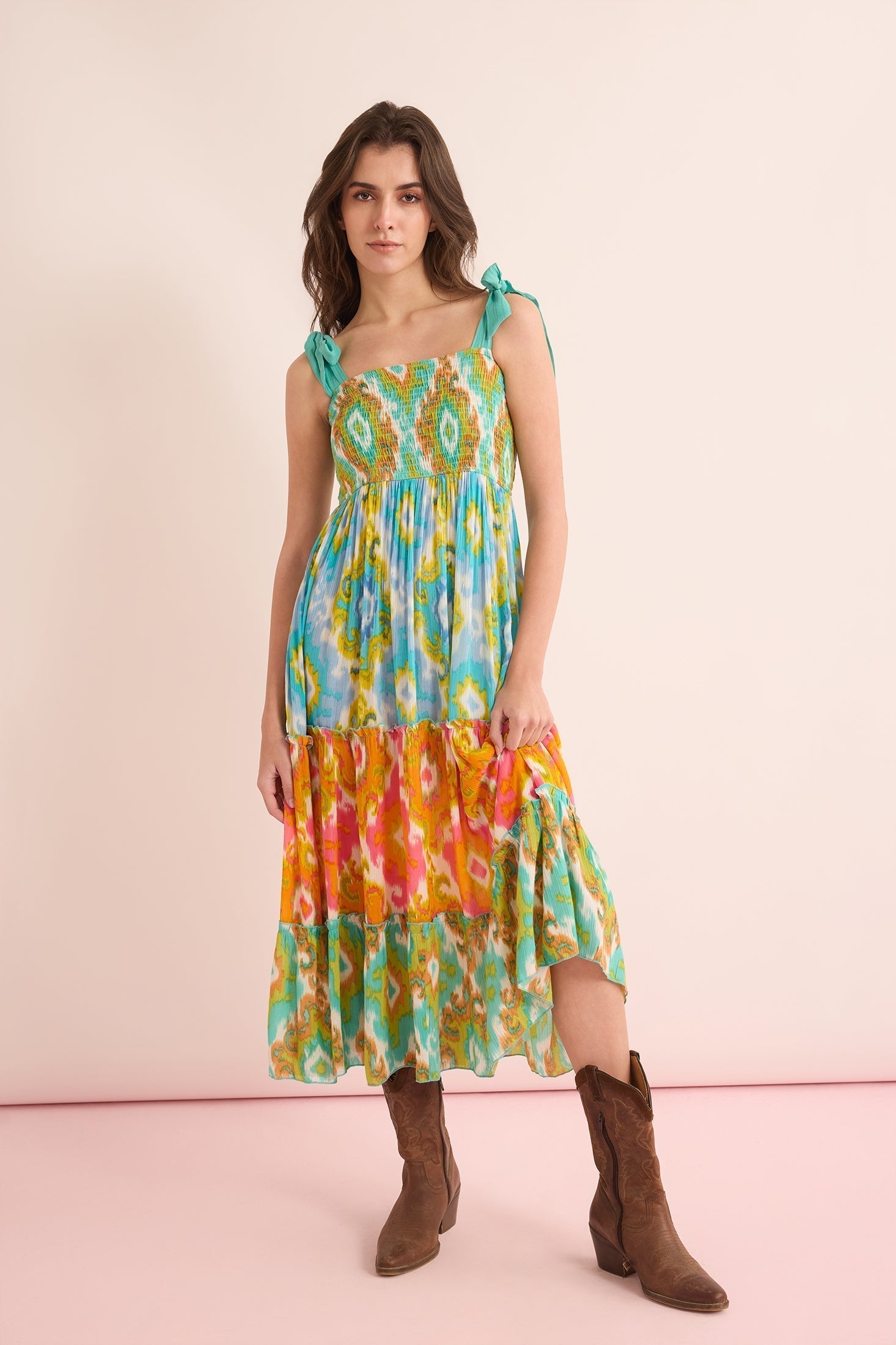 Robe Jade à taille basse géométrique vert et orange