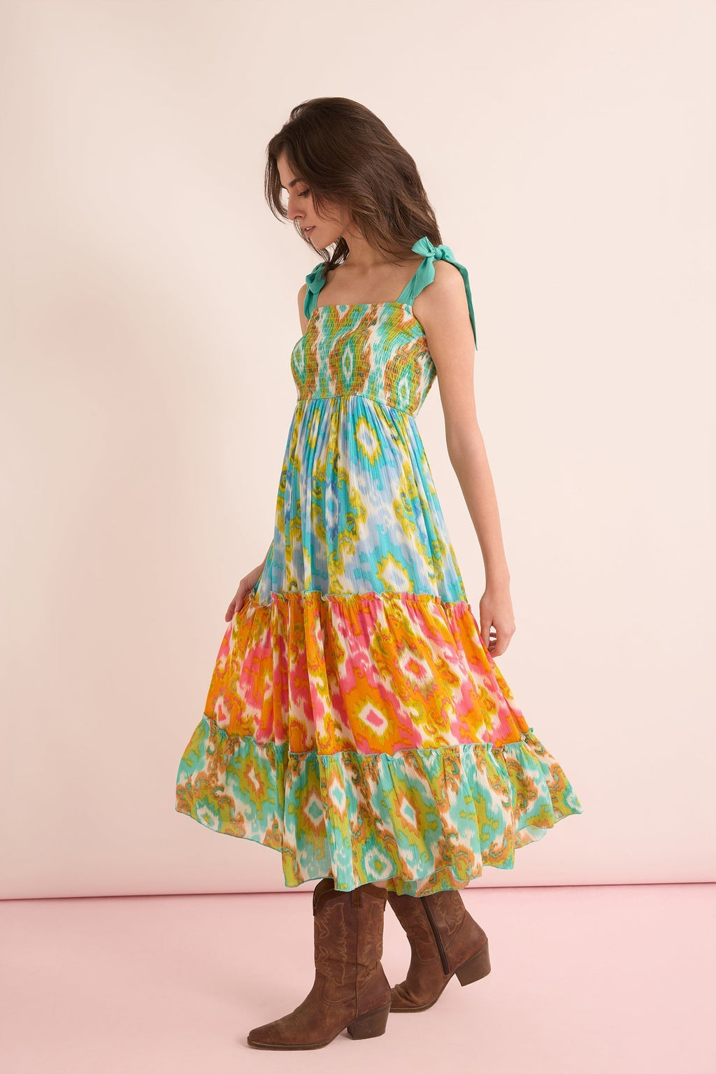 Robe Jade à taille basse géométrique vert et orange