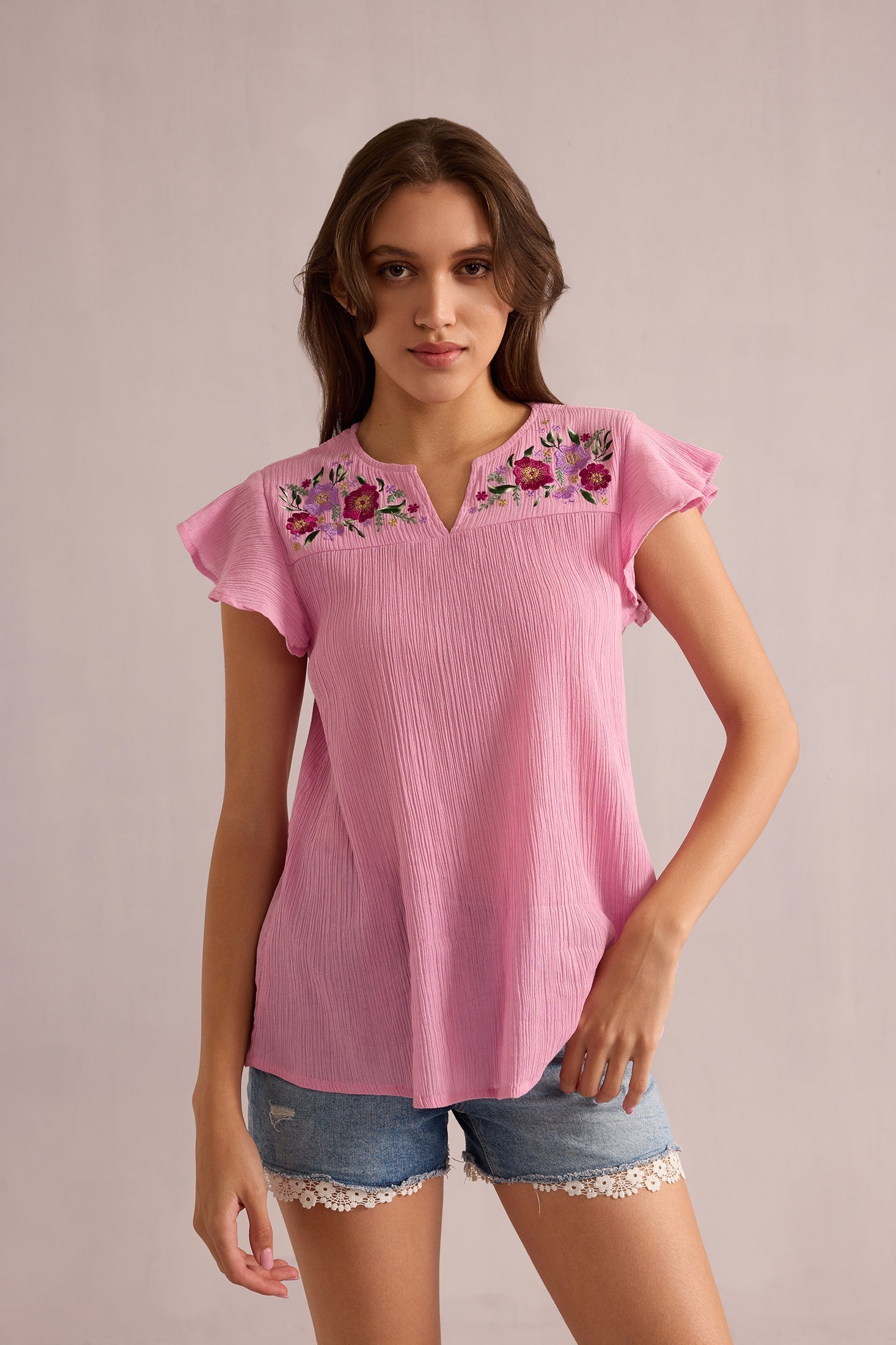 Haut brodé Calanthe rose