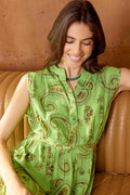 Robe Midi sans Manches à Boutons et Imprimé de Feuilles de Bohera Vert Laurier