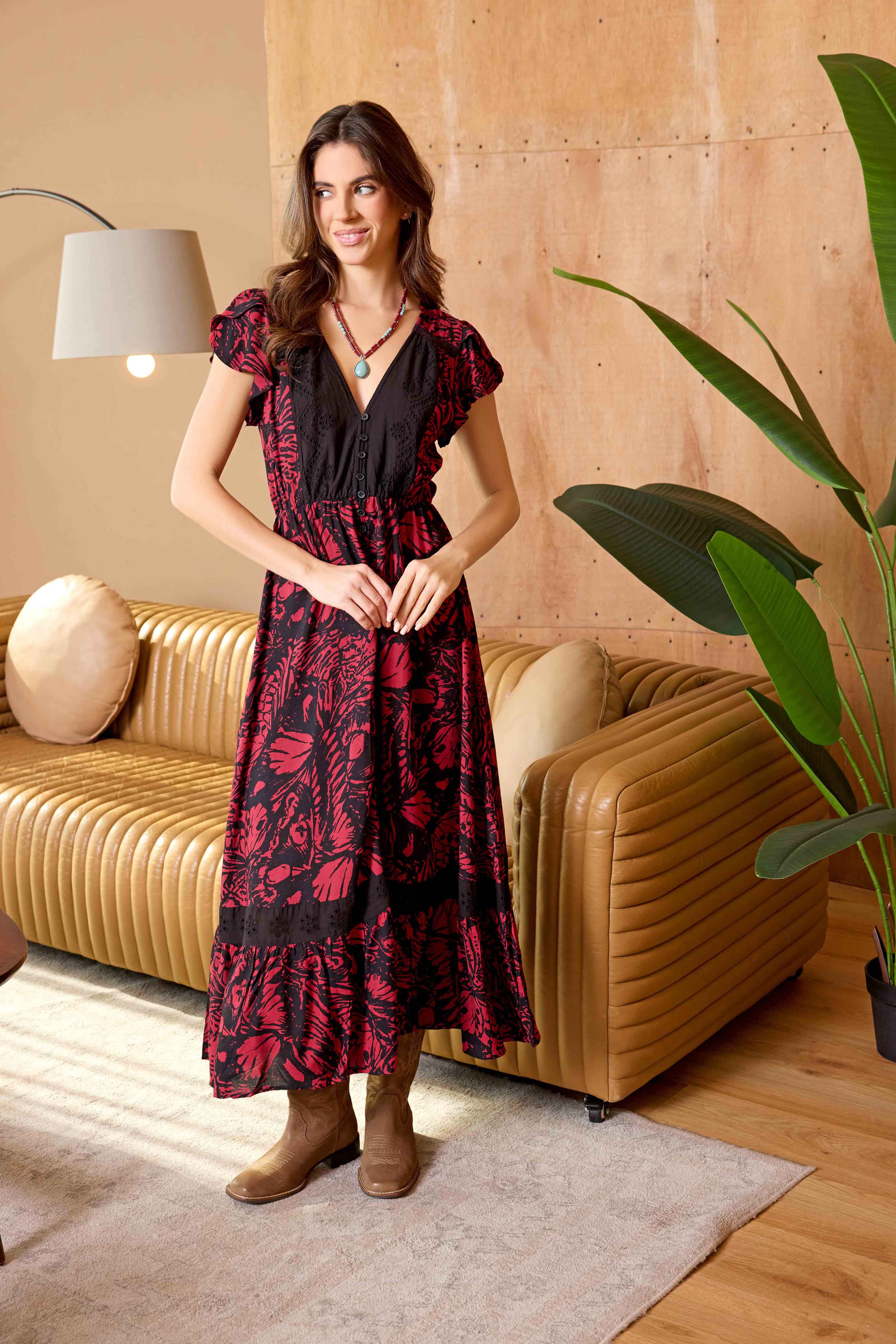 Robe longue sans manches col en V Bohera Songbloom Rouge Profond