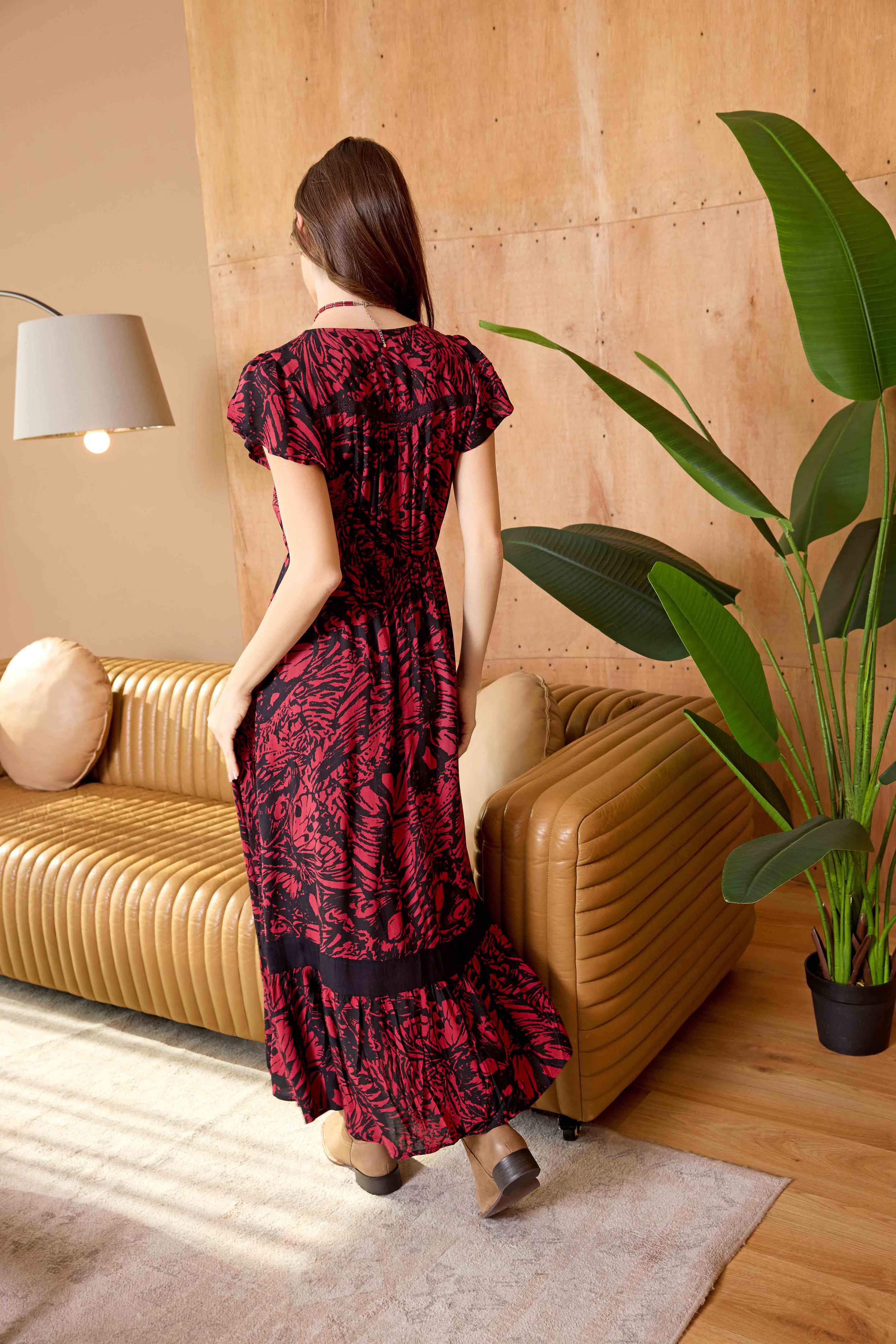 Robe longue sans manches col en V Bohera Songbloom Rouge Profond