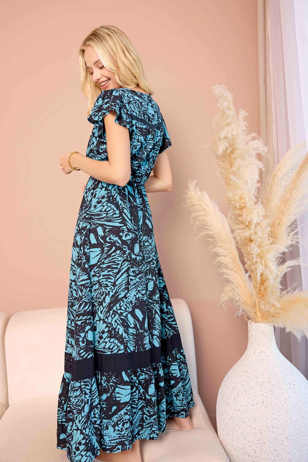 Robe longue sans manches col en V Bohera Songbloom, coloris bleu azur