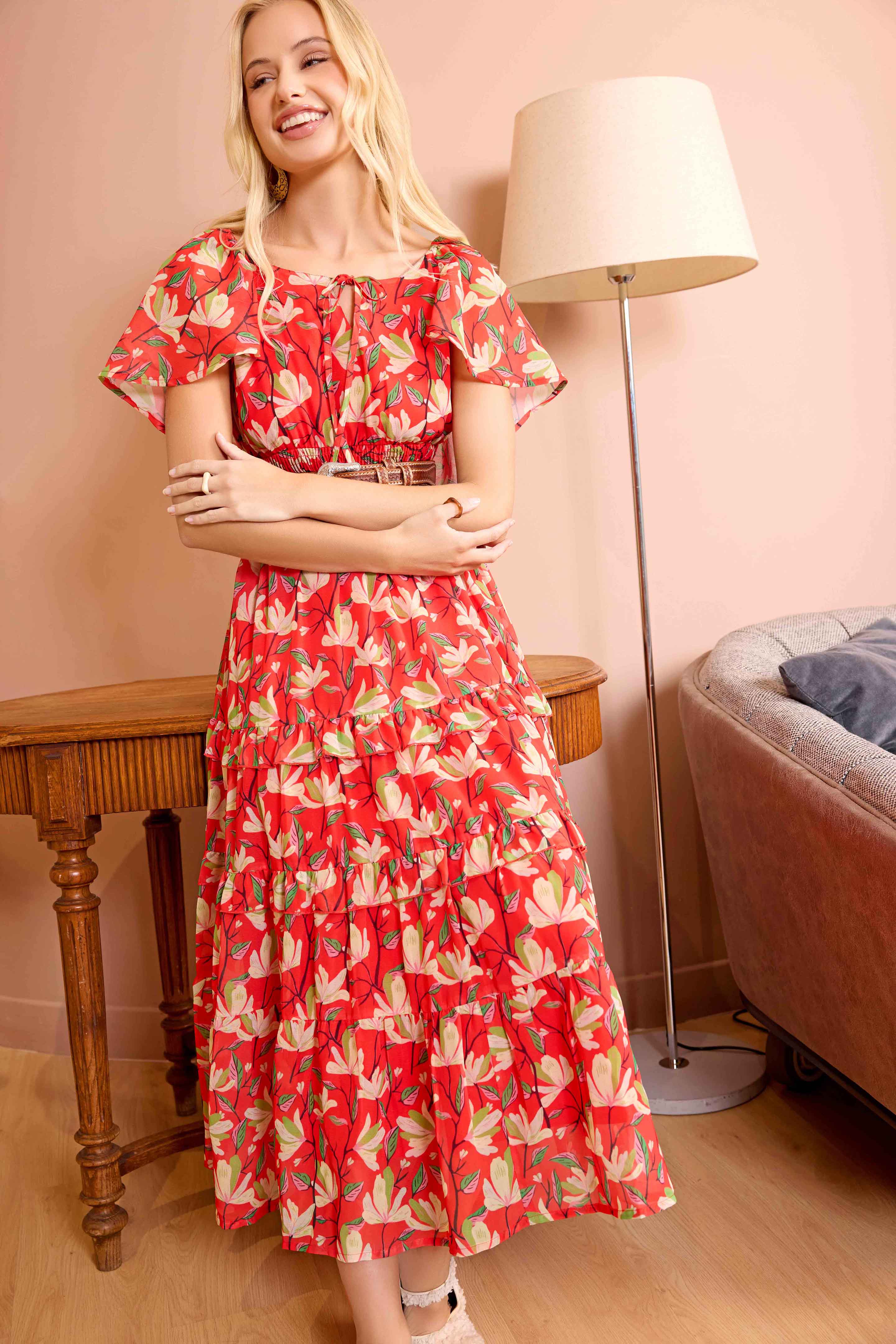 Robe mi-longue Bohera Lariat Grace en dentelle rouge cramoisi
