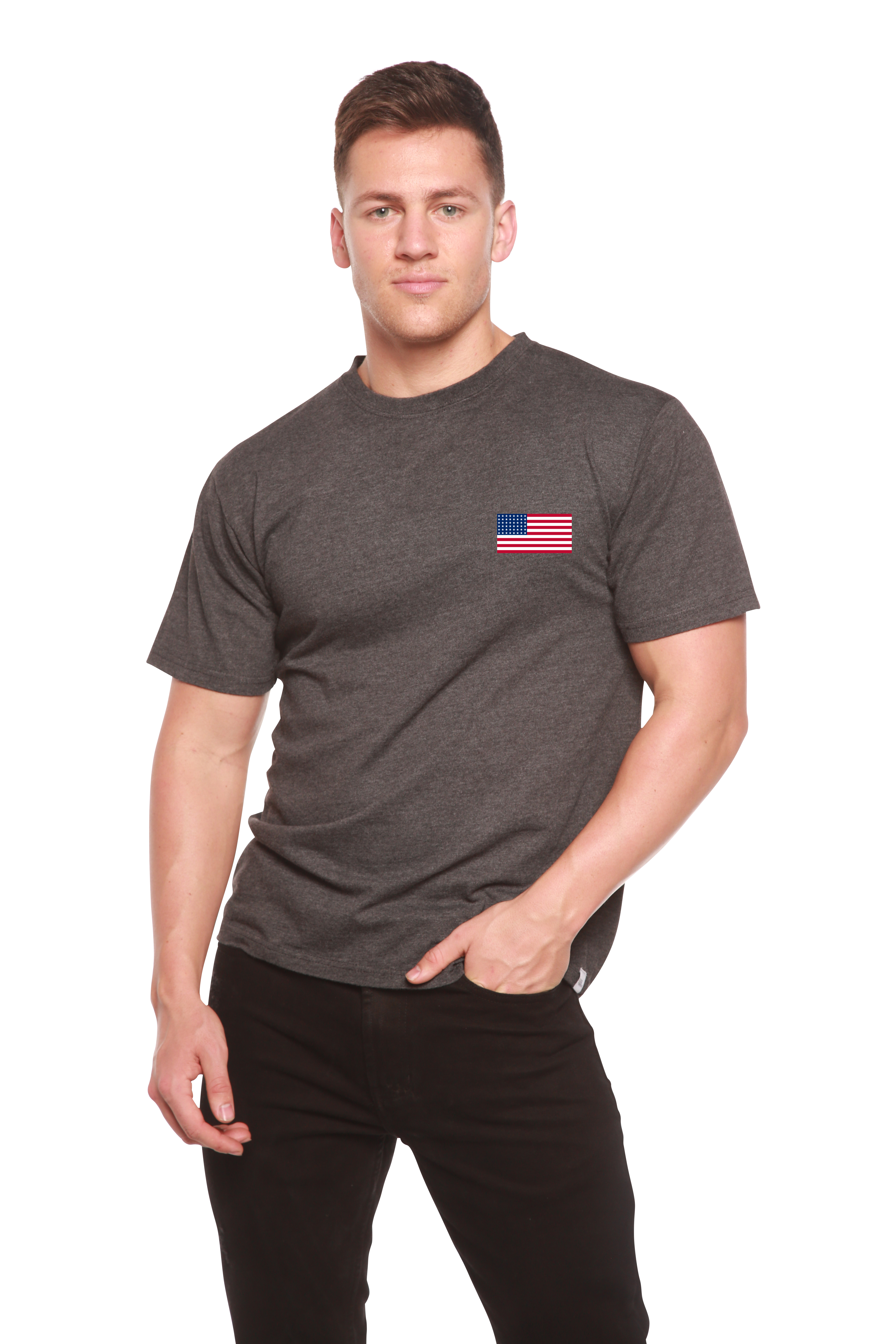 T-shirt graphique à manches courtes en viscose de bambou/coton biologique pour homme avec drapeau américain