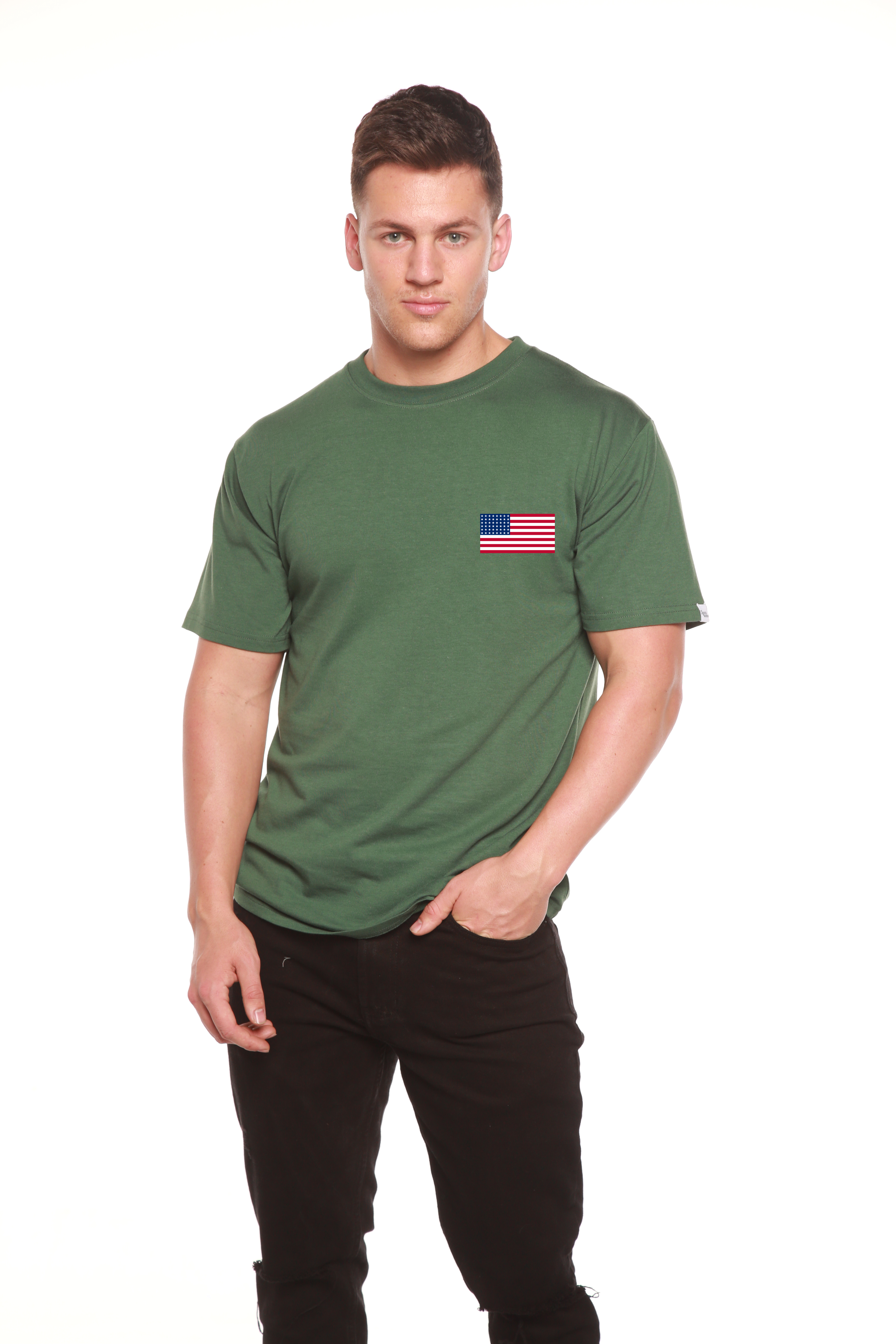 T-shirt graphique à manches courtes en viscose de bambou/coton biologique pour homme avec drapeau américain