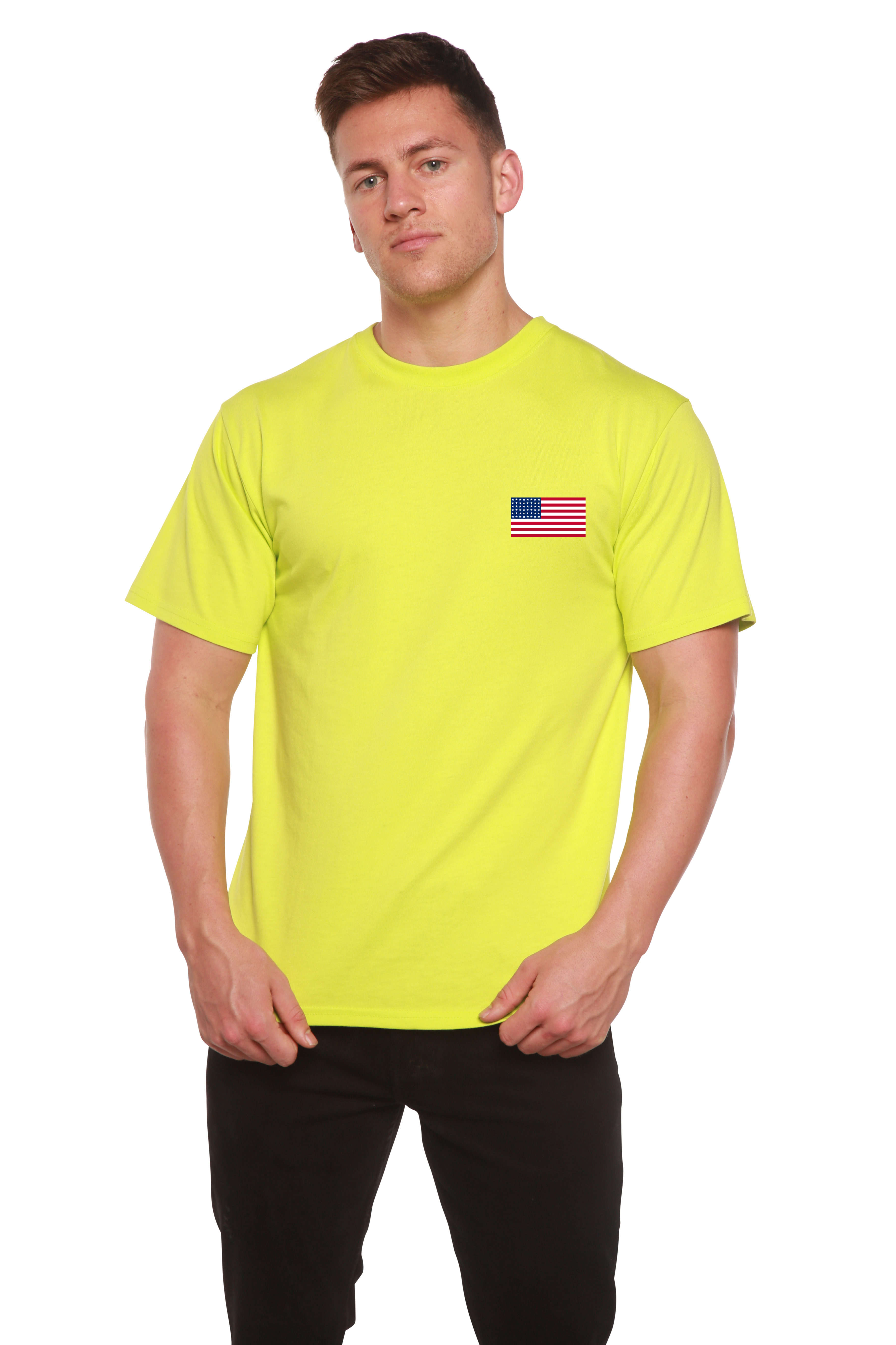 T-shirt graphique à manches courtes en viscose de bambou/coton biologique pour homme avec drapeau américain
