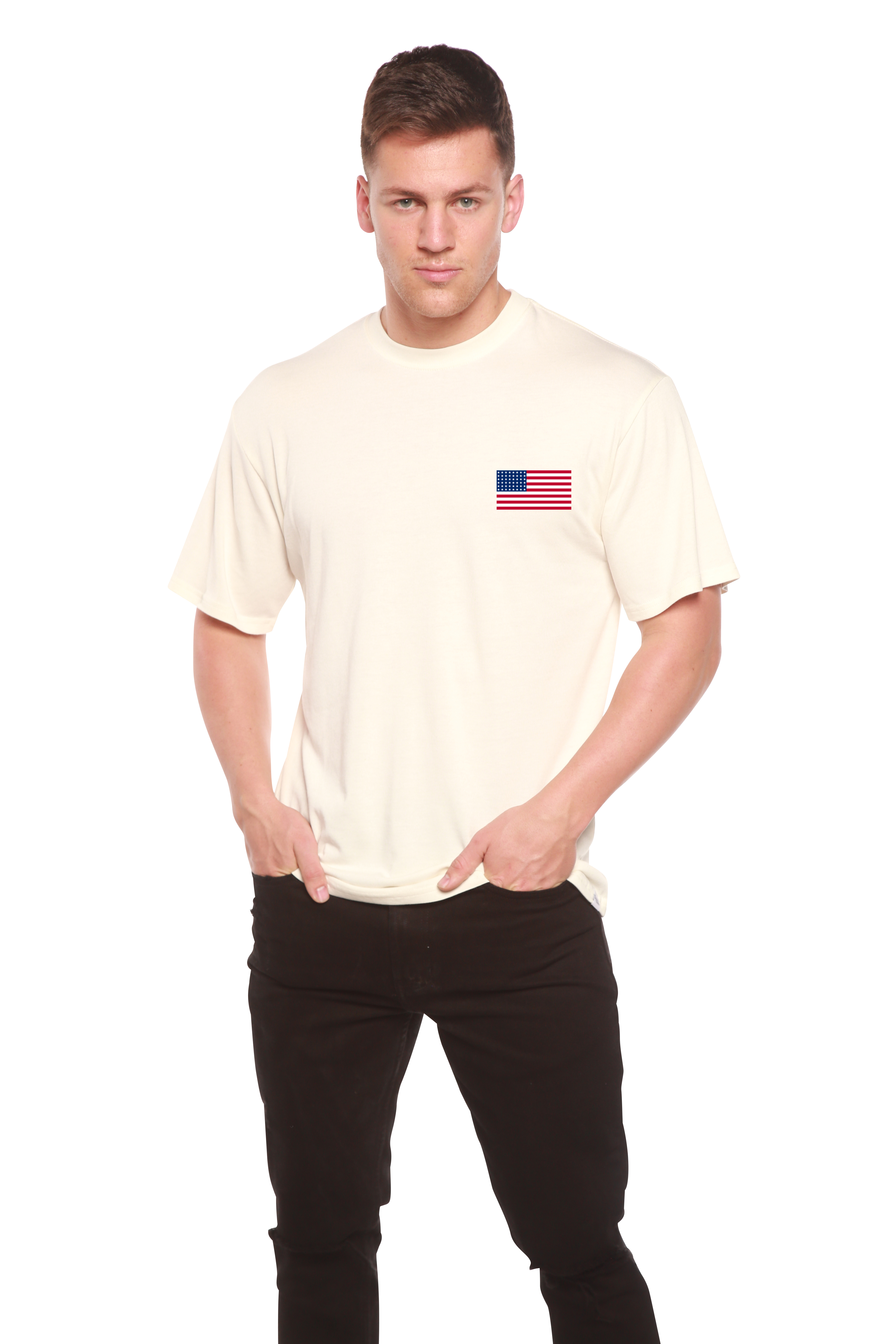 T-shirt graphique à manches courtes en viscose de bambou/coton biologique pour homme avec drapeau américain