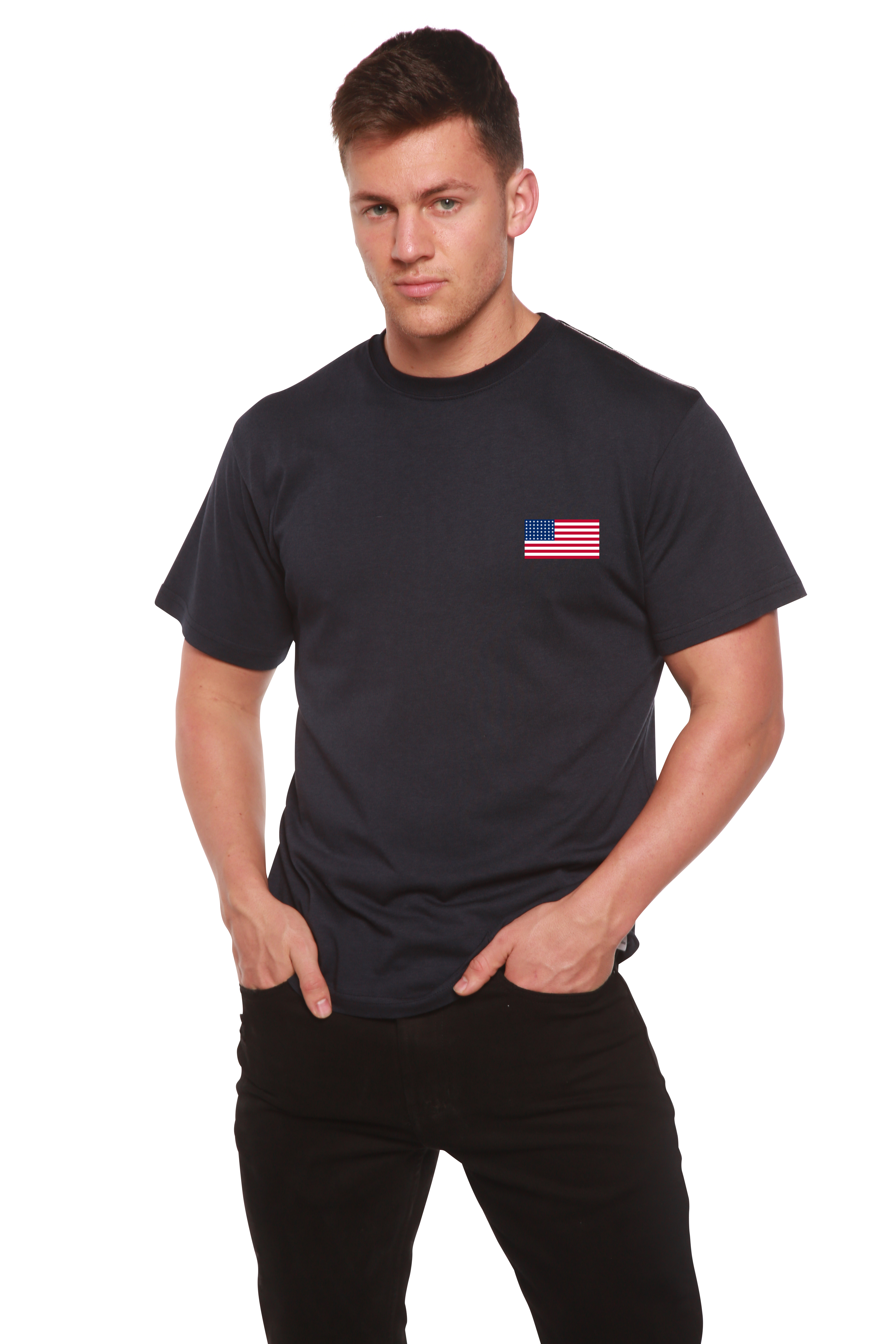 T-shirt graphique à manches courtes en viscose de bambou/coton biologique pour homme avec drapeau américain