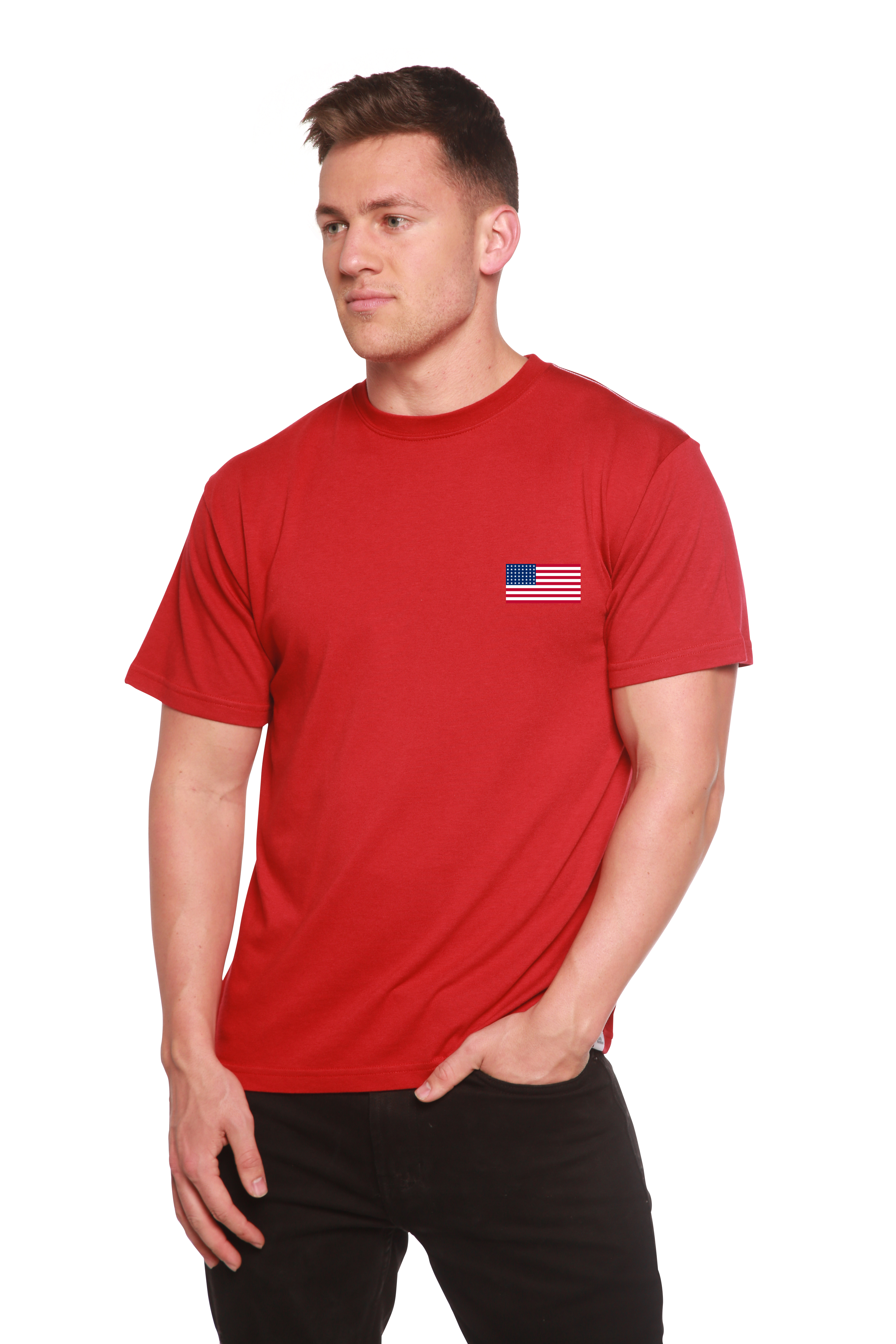 T-shirt graphique à manches courtes en viscose de bambou/coton biologique pour homme avec drapeau américain