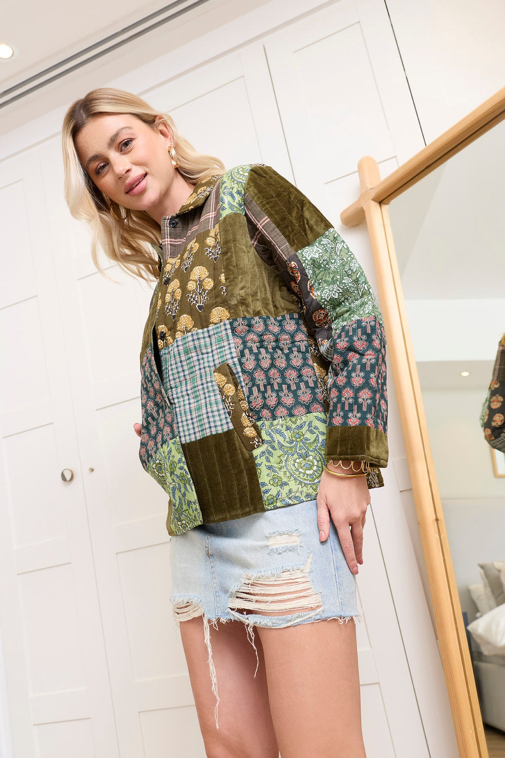 Veste matelassée Meadow Folk en patchwork vert cendré