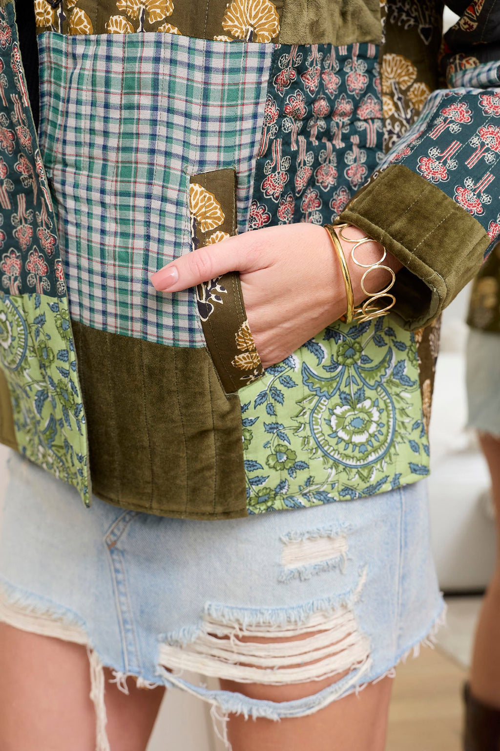 Veste matelassée Meadow Folk en patchwork vert cendré