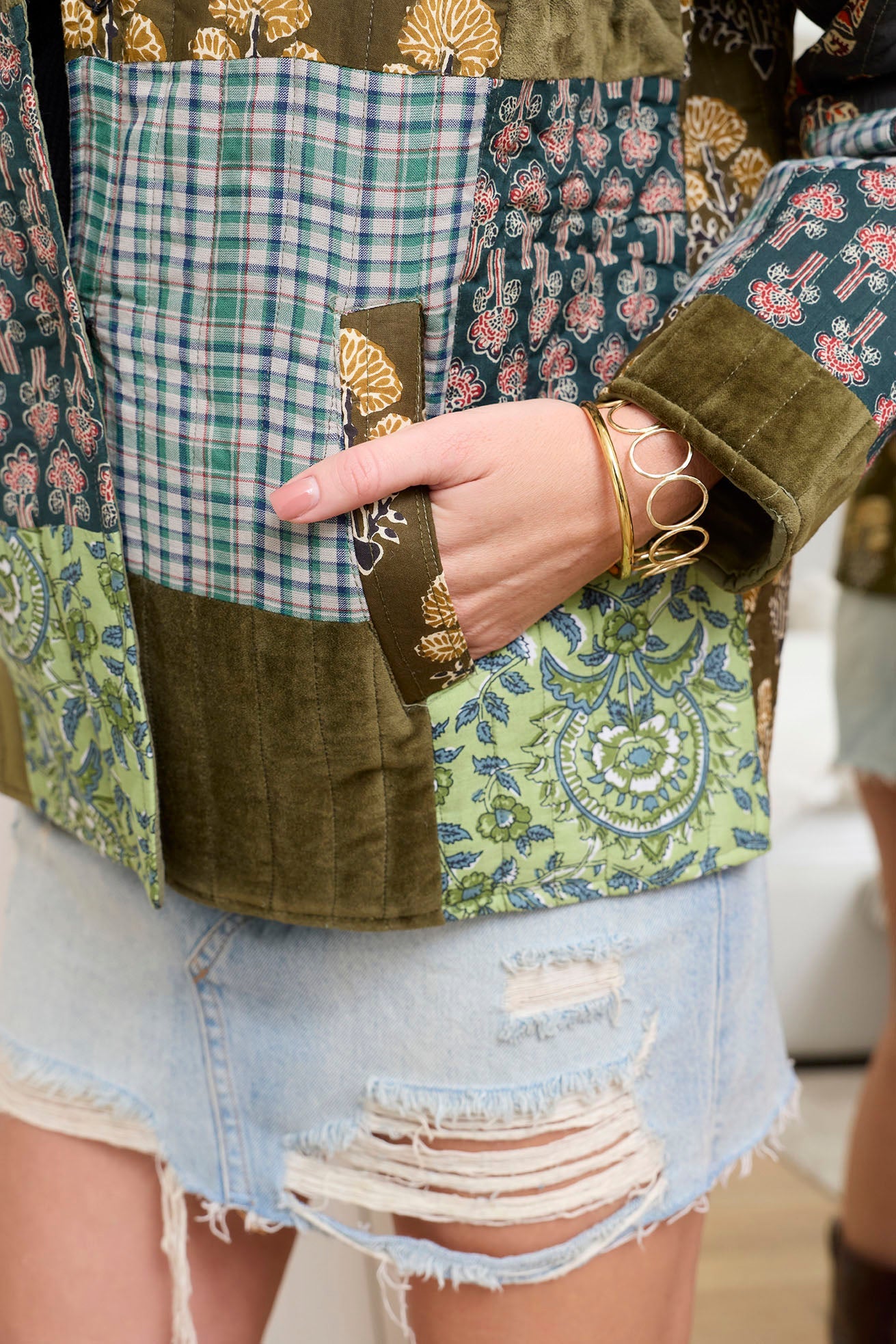 Veste matelassée Meadow Folk en patchwork vert cendré