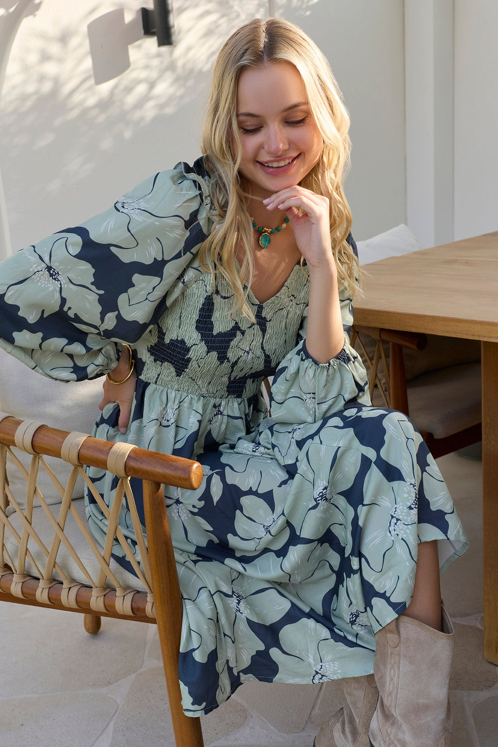 Robe Smockée à Volants Wildmint en Beige et Crème Clair