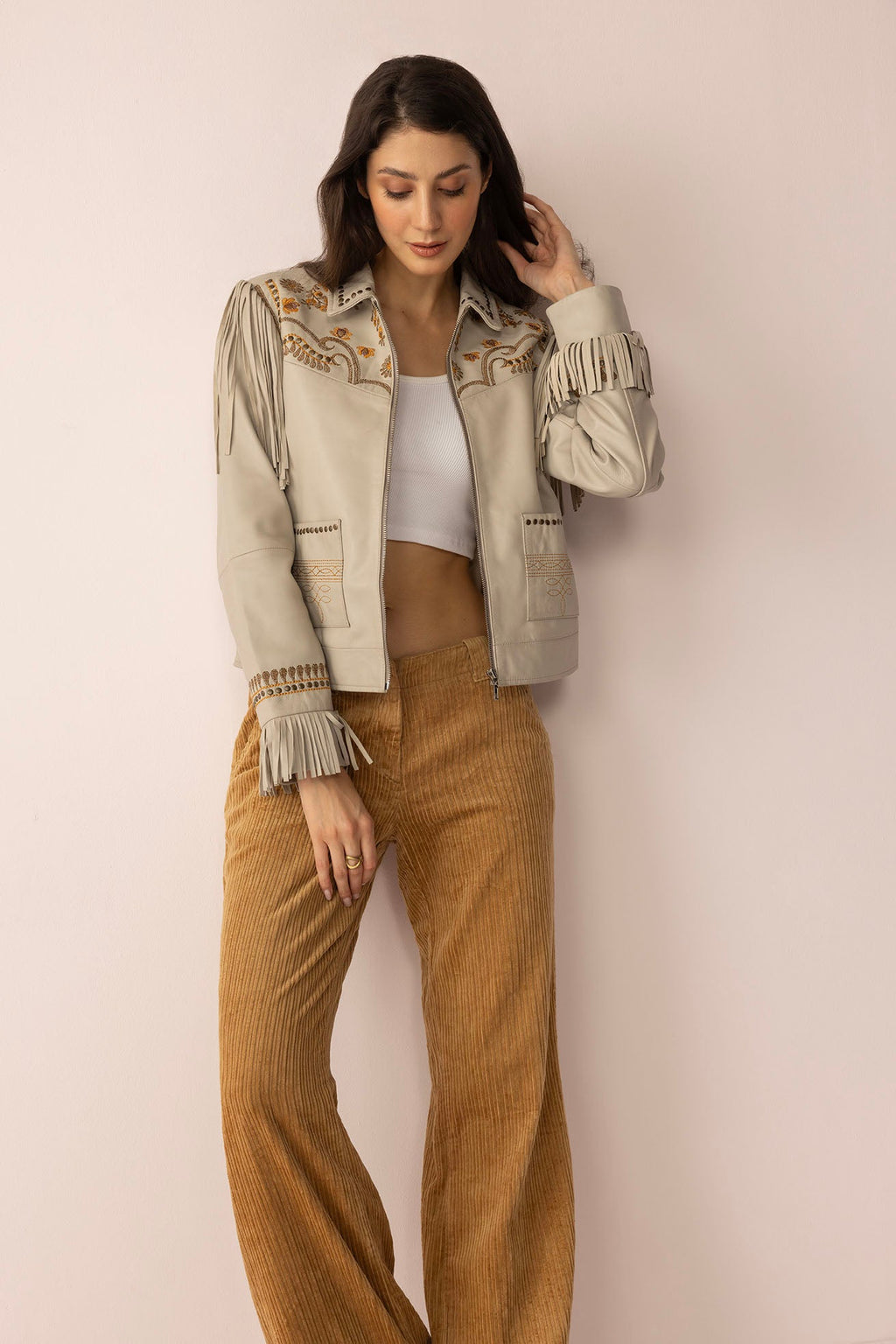 Blouson en cuir Dust & Daisies blanc étoilé
