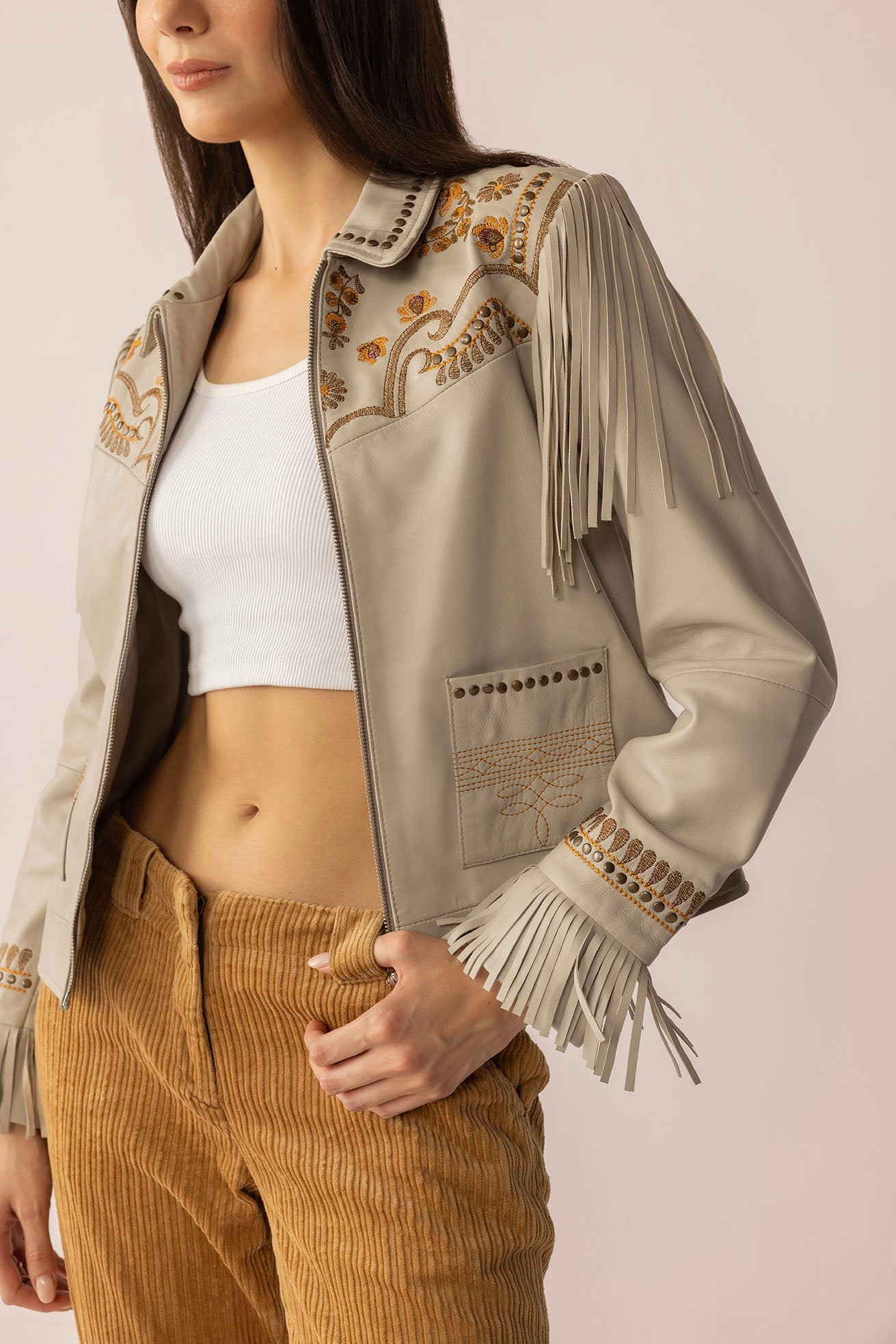 Blouson en cuir Dust & Daisies blanc étoilé