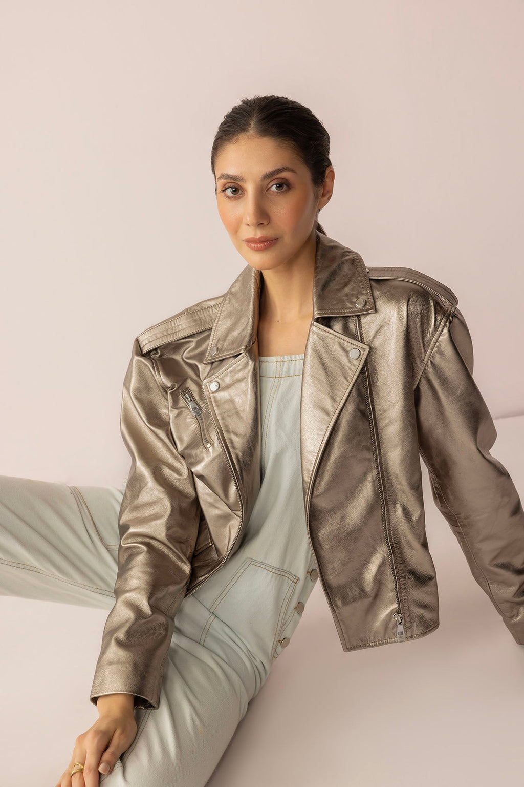 Blouson en cuir scintillant Astrid coloris argent cosmique