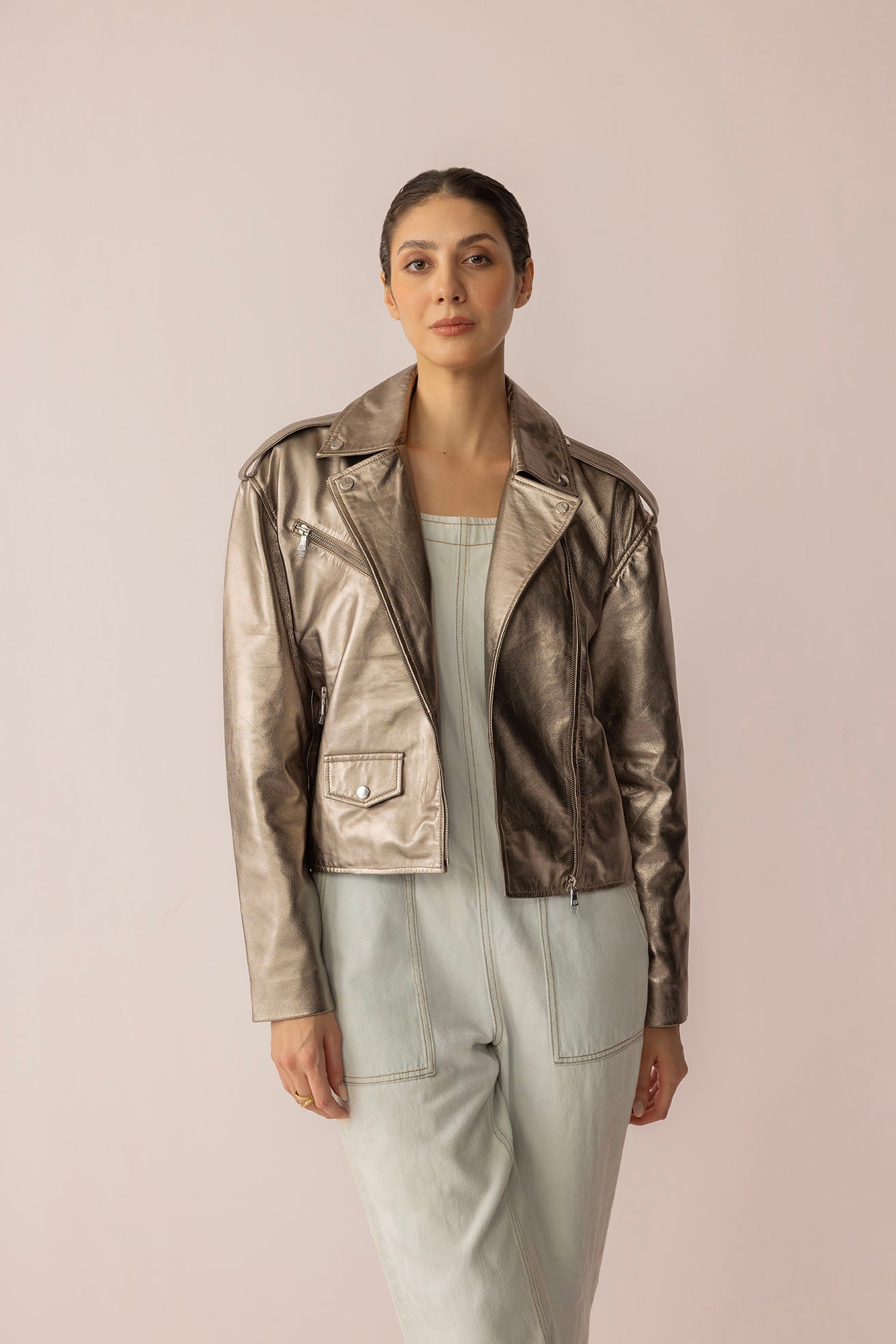 Blouson en cuir scintillant Astrid coloris argent cosmique