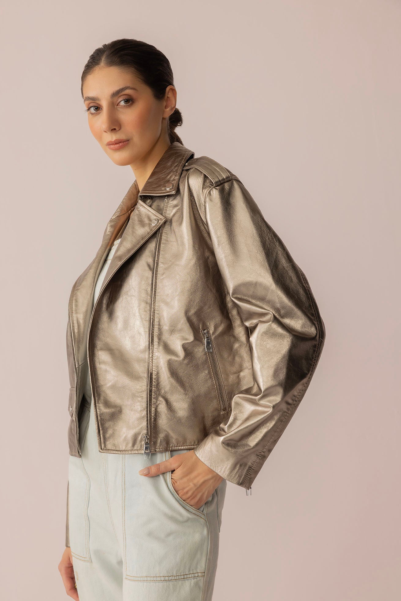 Blouson en cuir scintillant Astrid coloris argent cosmique