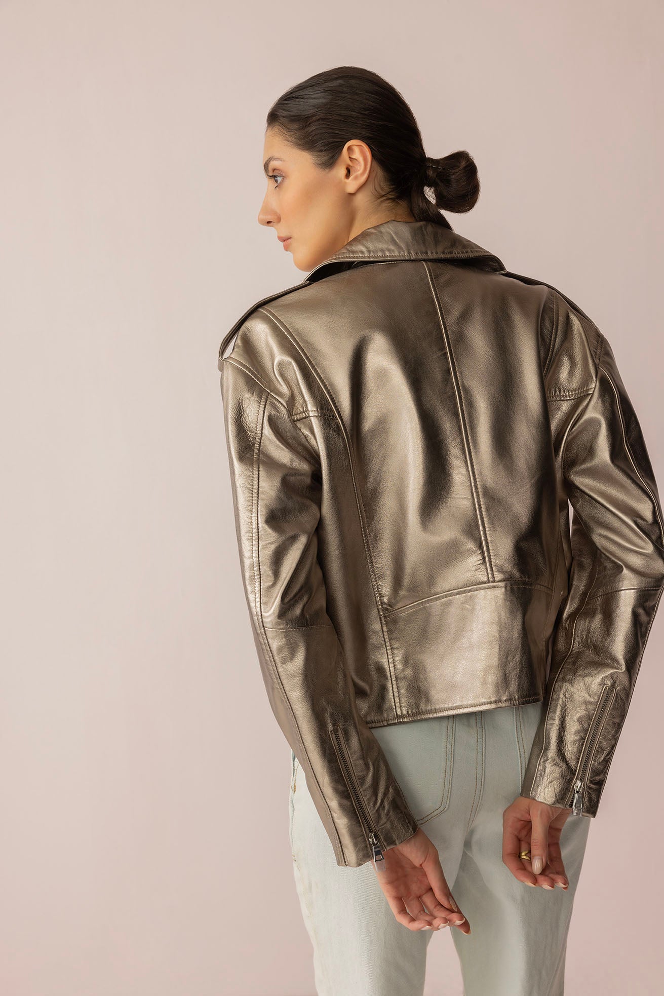 Blouson en cuir scintillant Astrid coloris argent cosmique