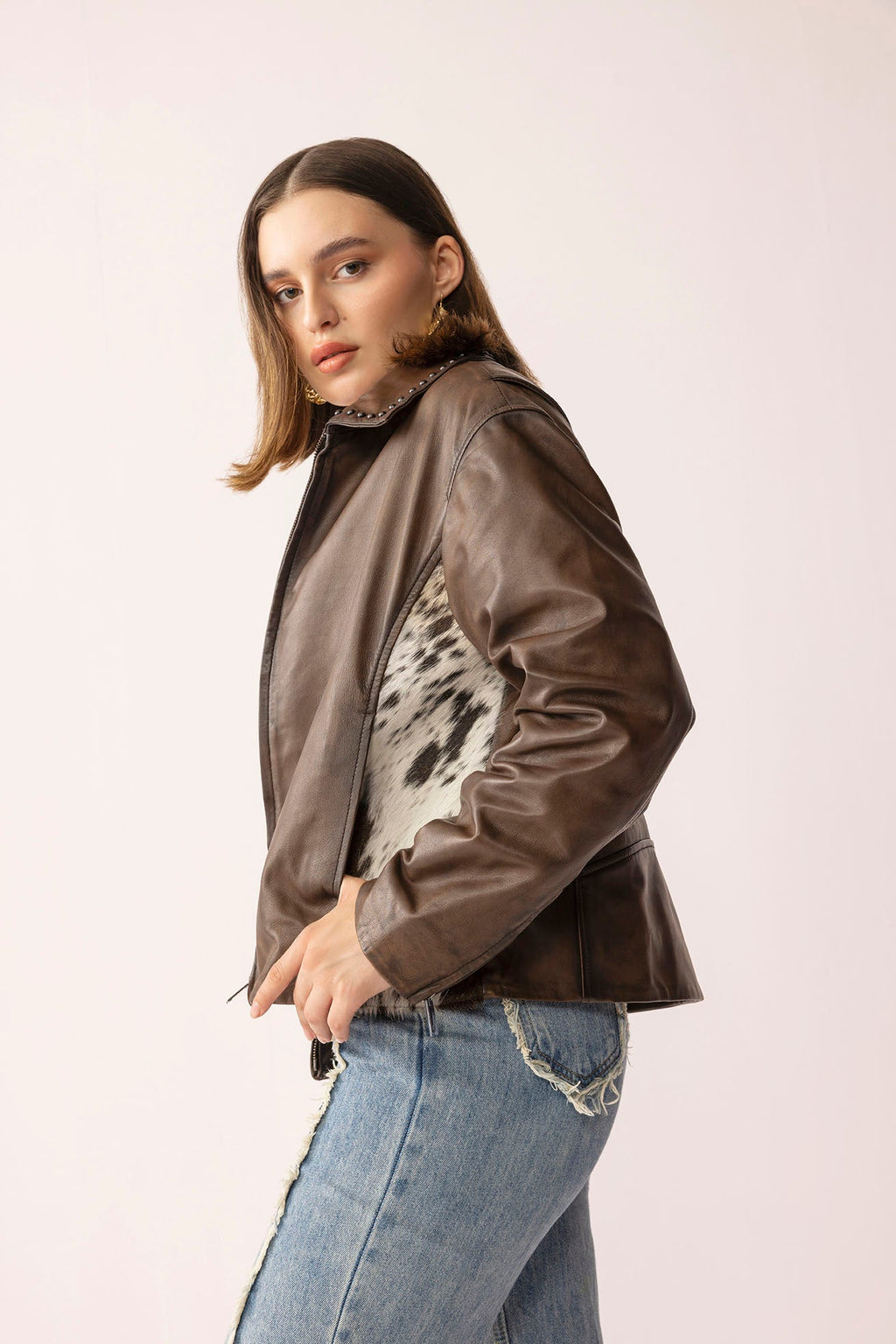 Blouson en cuir Emberhide, couleur marron boucle