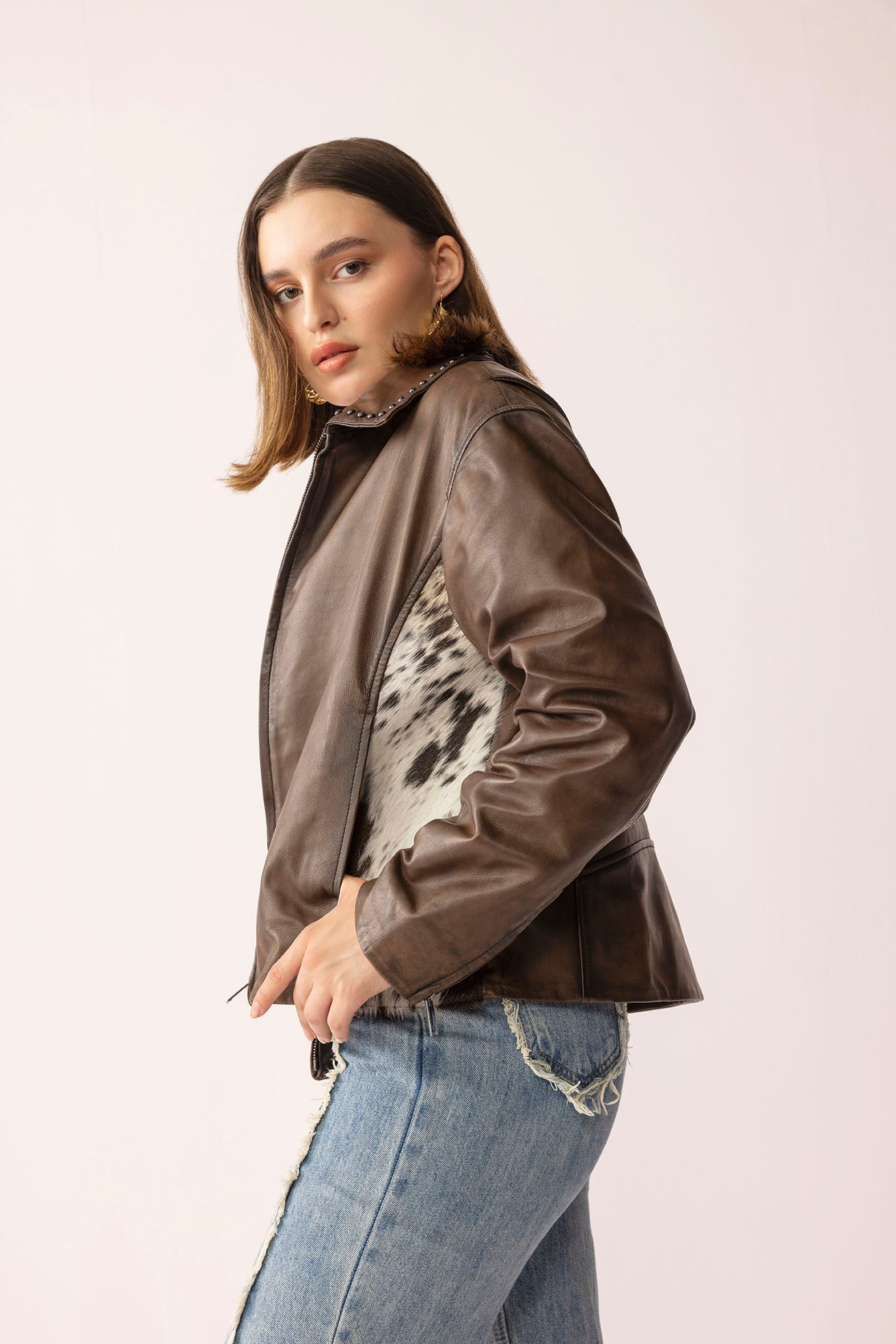 Blouson en cuir Emberhide, couleur marron boucle