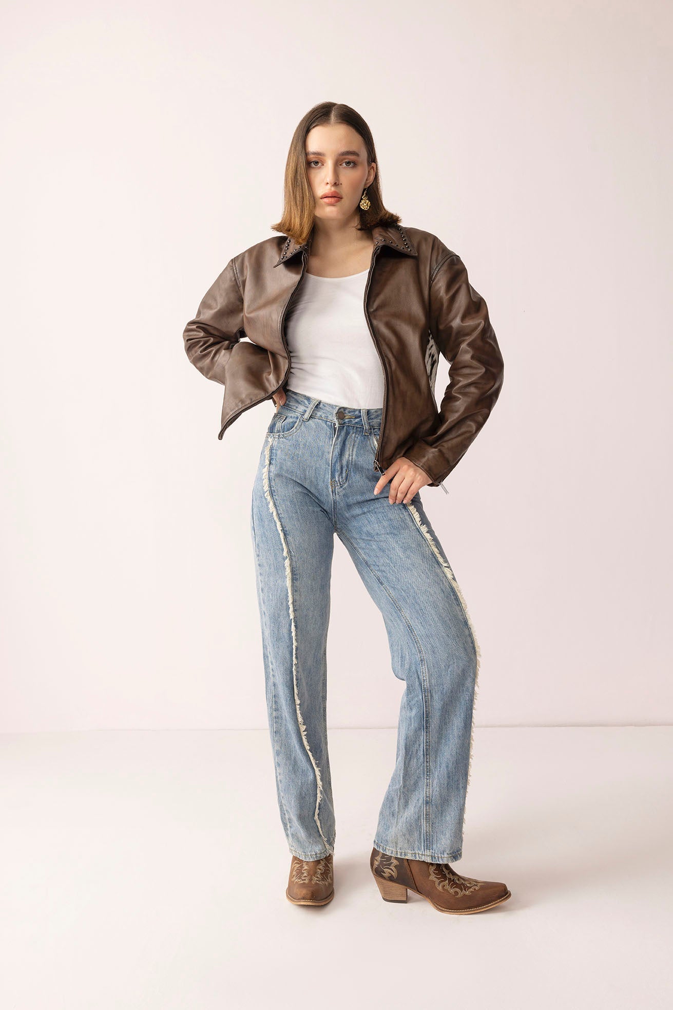 Blouson en cuir Emberhide, couleur marron boucle