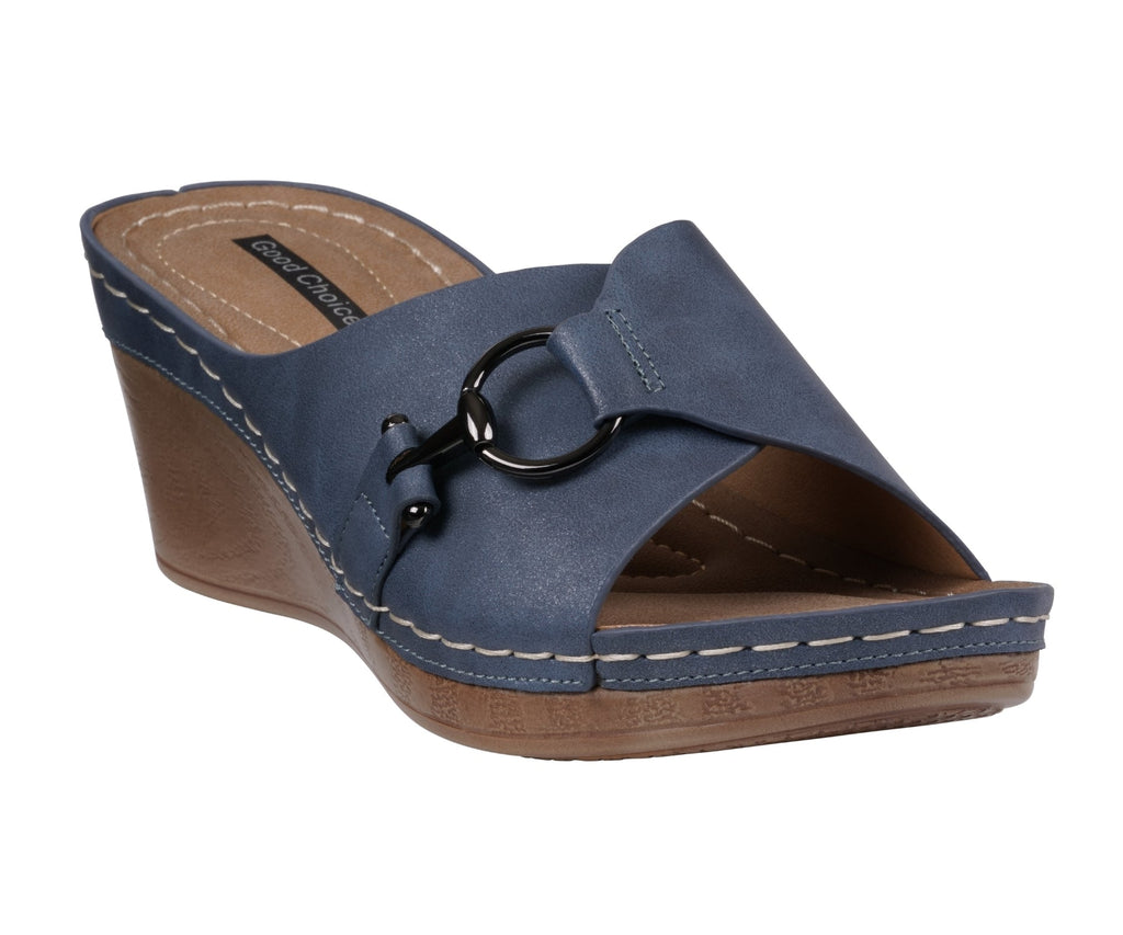Sandales compensées bleu marine pour femme
