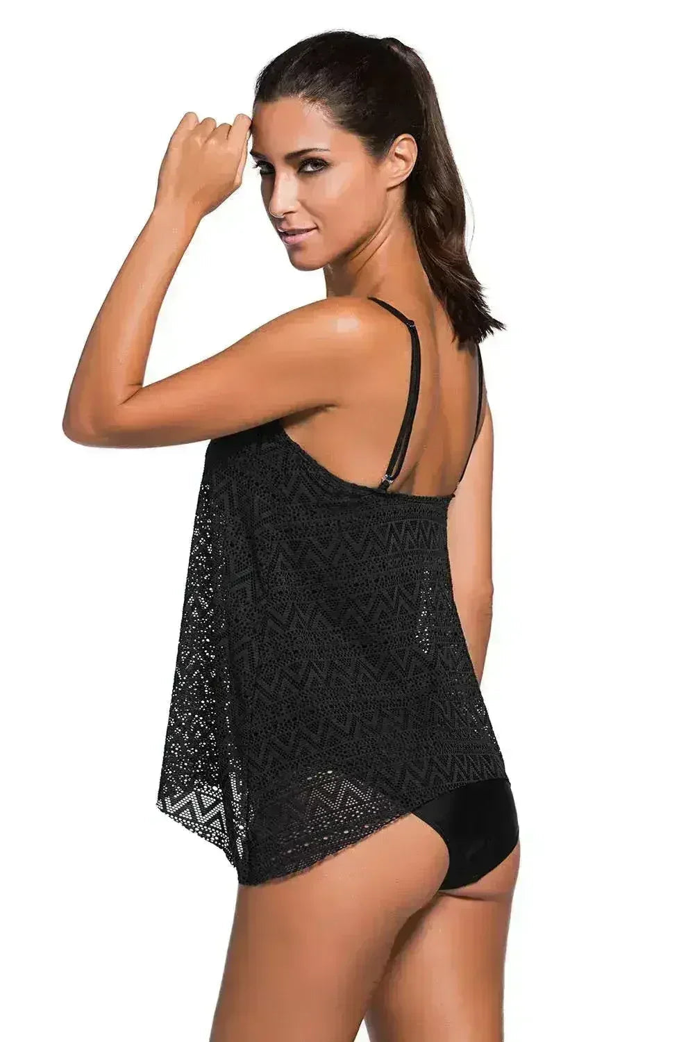 Maillot de bain tankini à bretelles fines et superposition en dentelle noire