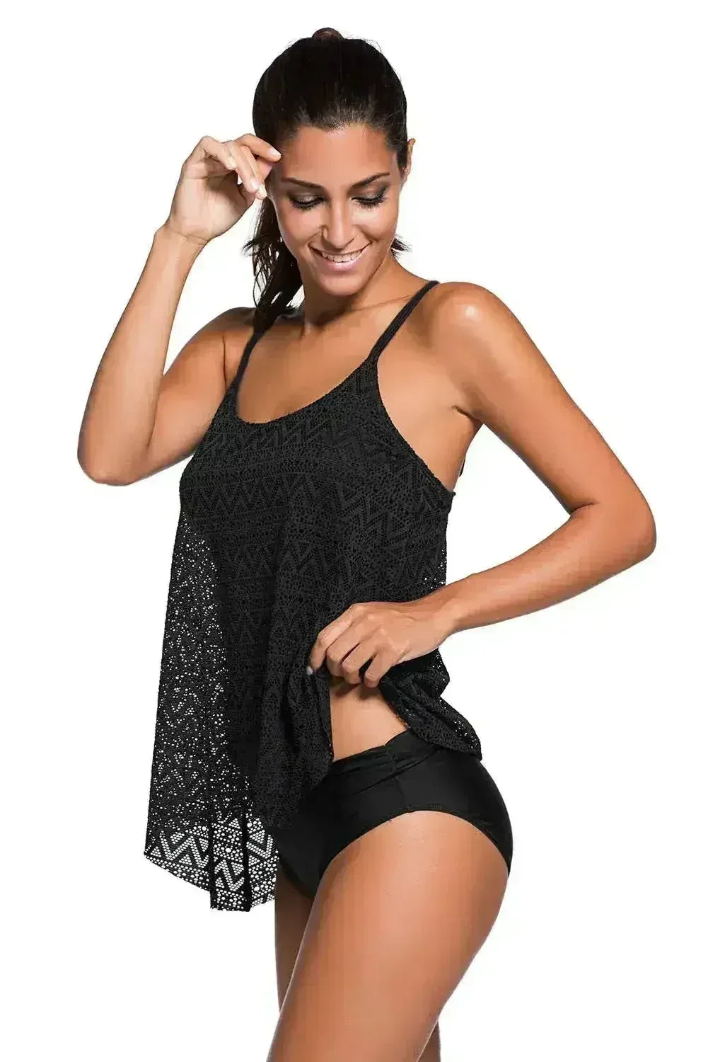Maillot de bain tankini à bretelles fines et superposition en dentelle noire