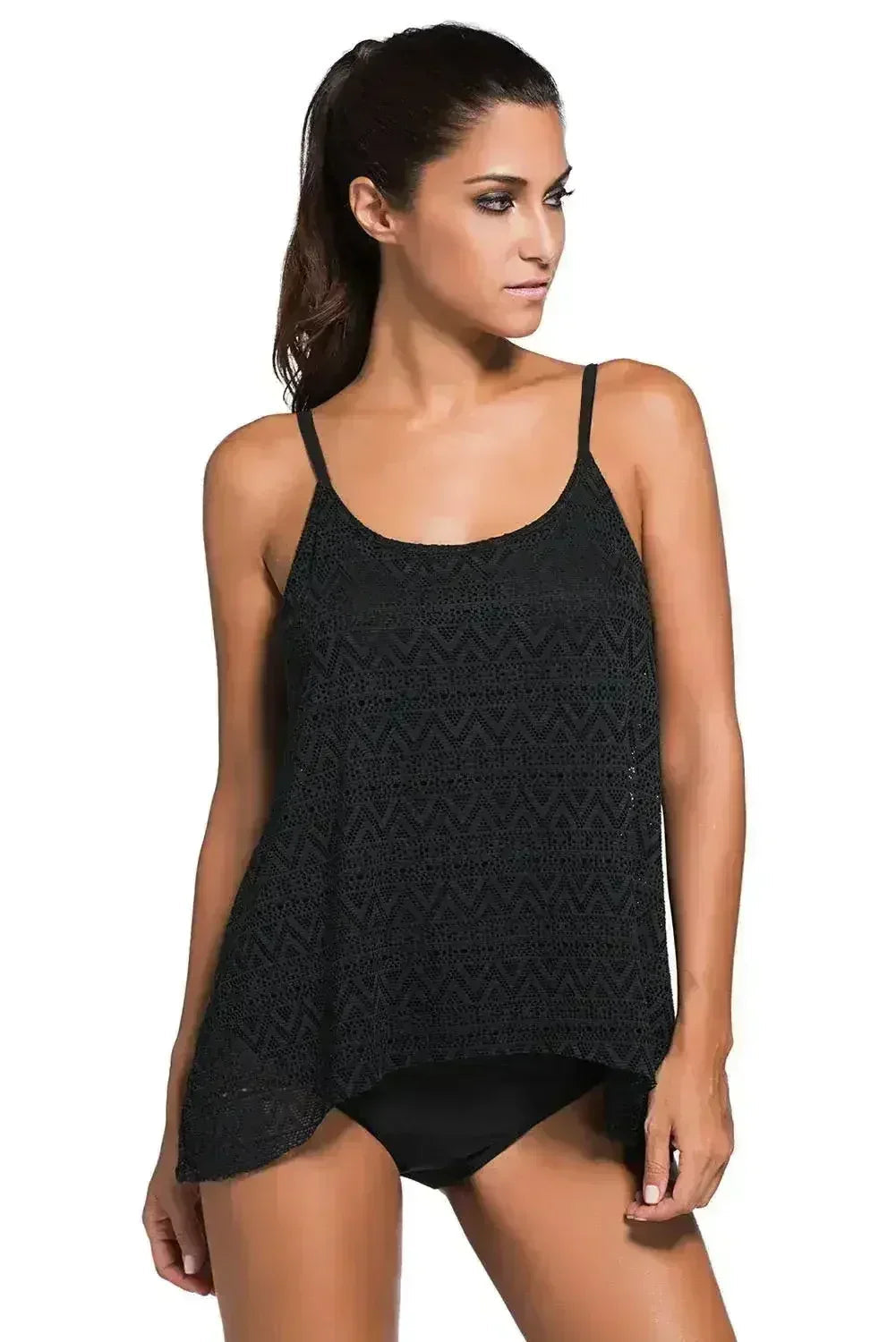 Maillot de bain tankini à bretelles fines et superposition en dentelle noire