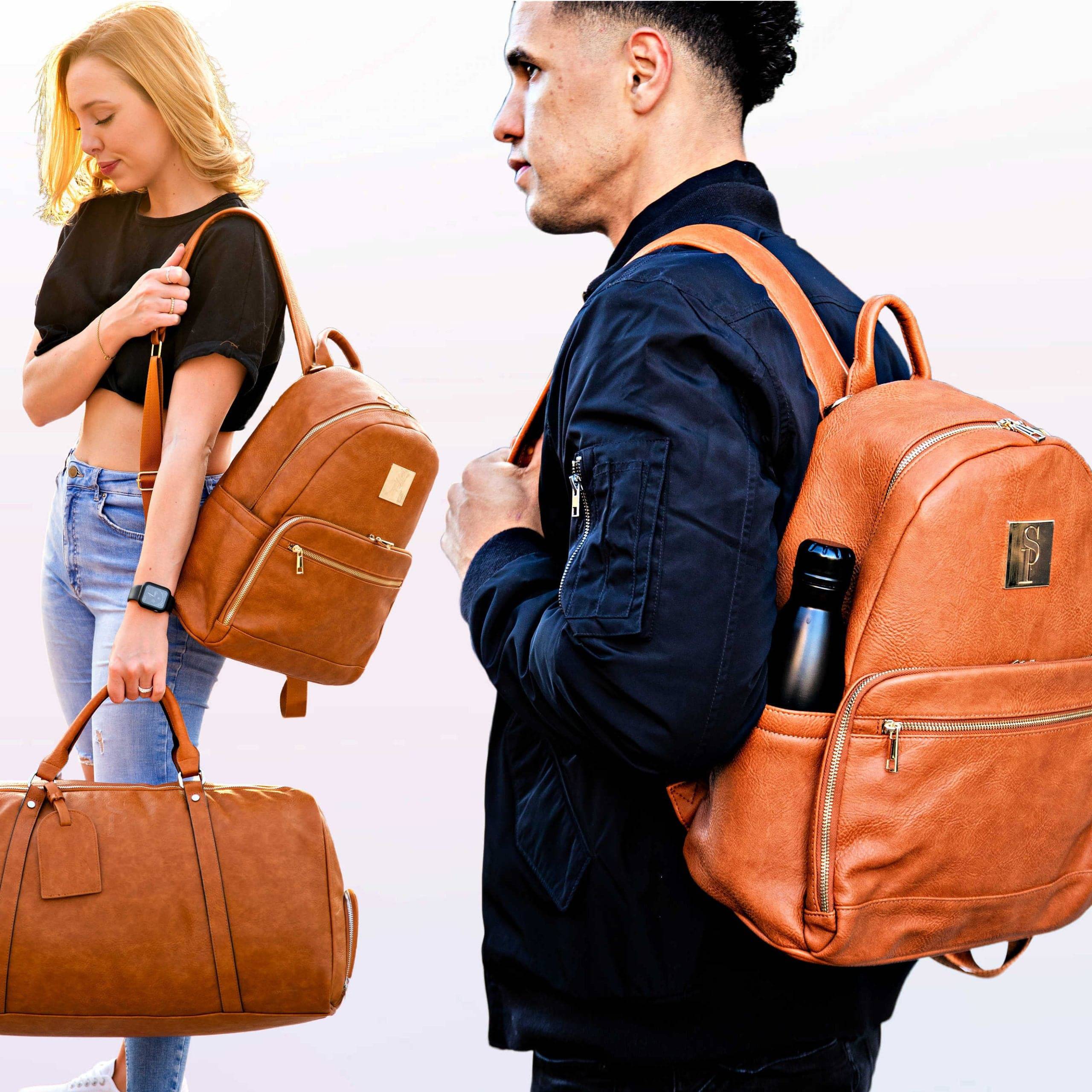 Sac à dos de transport en cuir marron