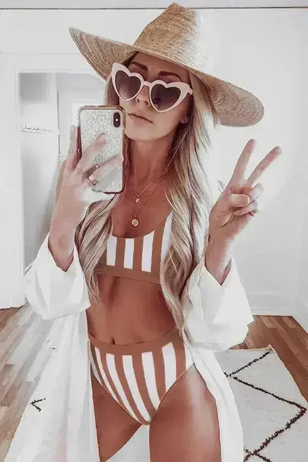 Maillot de bain sport taille haute à rayures athlétiques marron