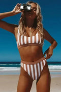 Maillot de bain sport taille haute à rayures athlétiques marron