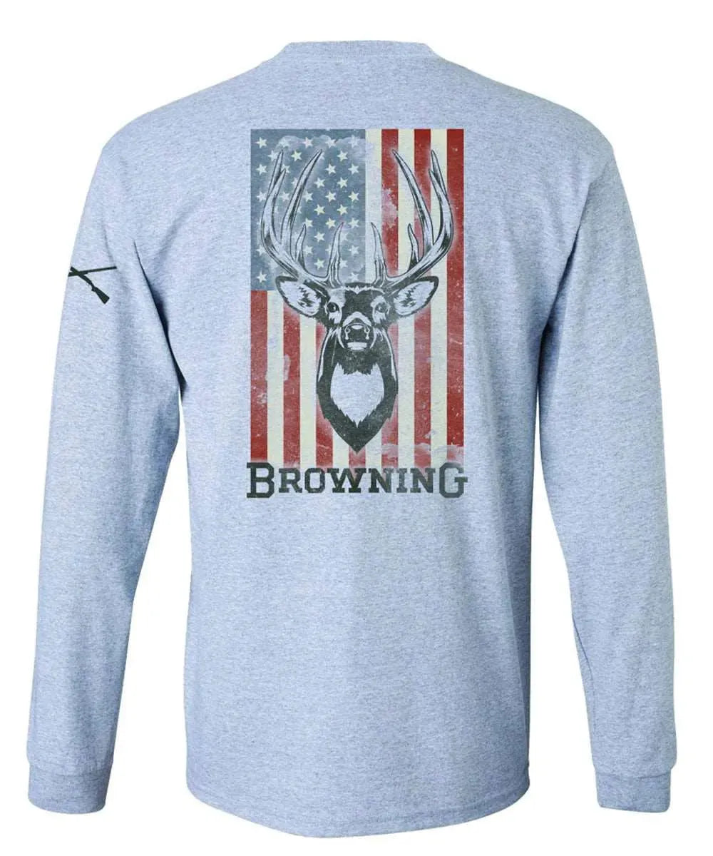 T-Shirt Homme Manches Longues Browning Whitetail Flag (Gris Sport) - Liquidation