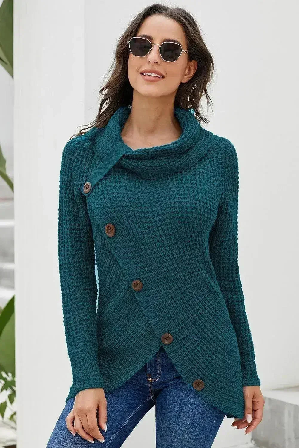 Pull cache-cœur boutonné à col roulé bleu ardoise